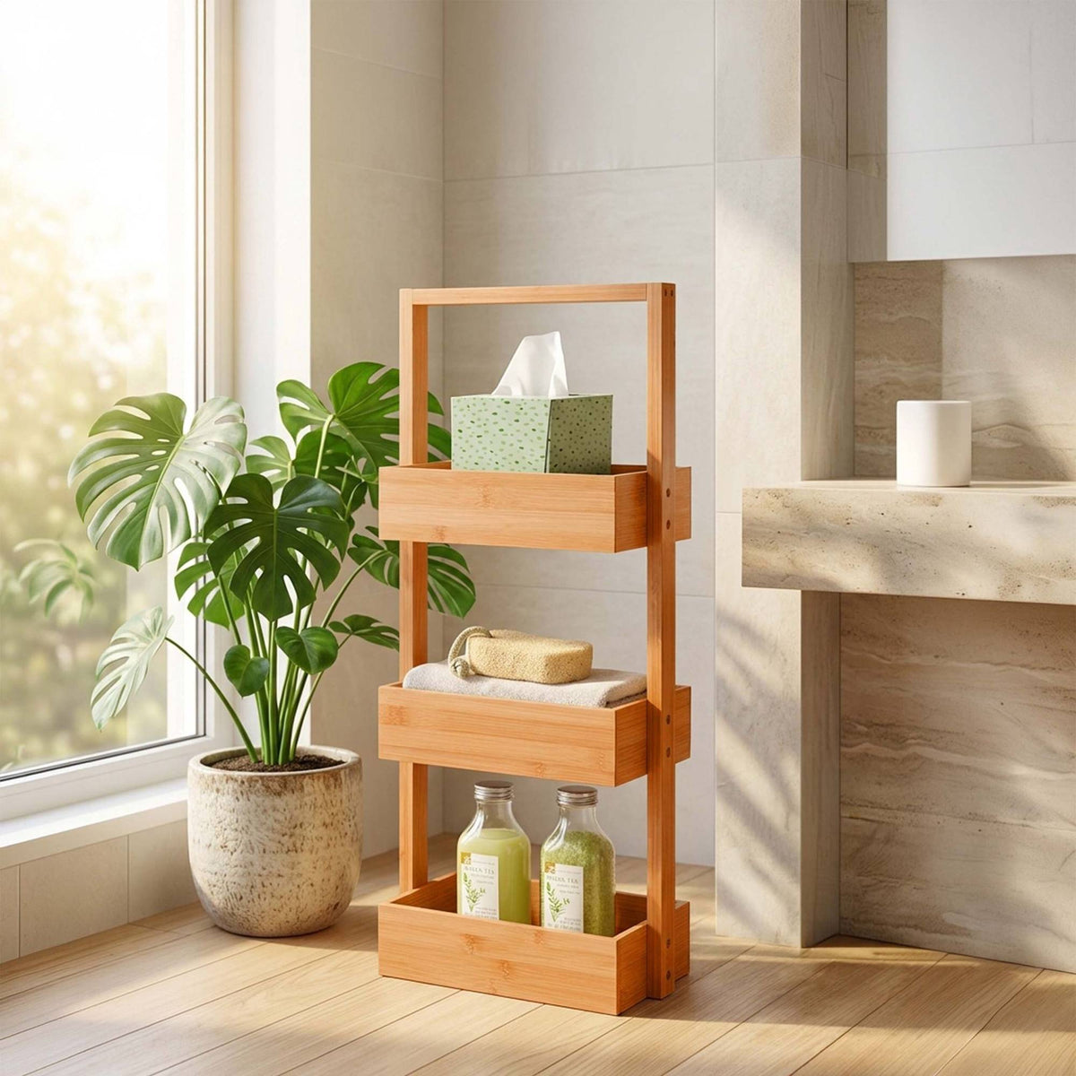 Bamboo Bathroom Shelf, 3-Tier Freestanding Storage