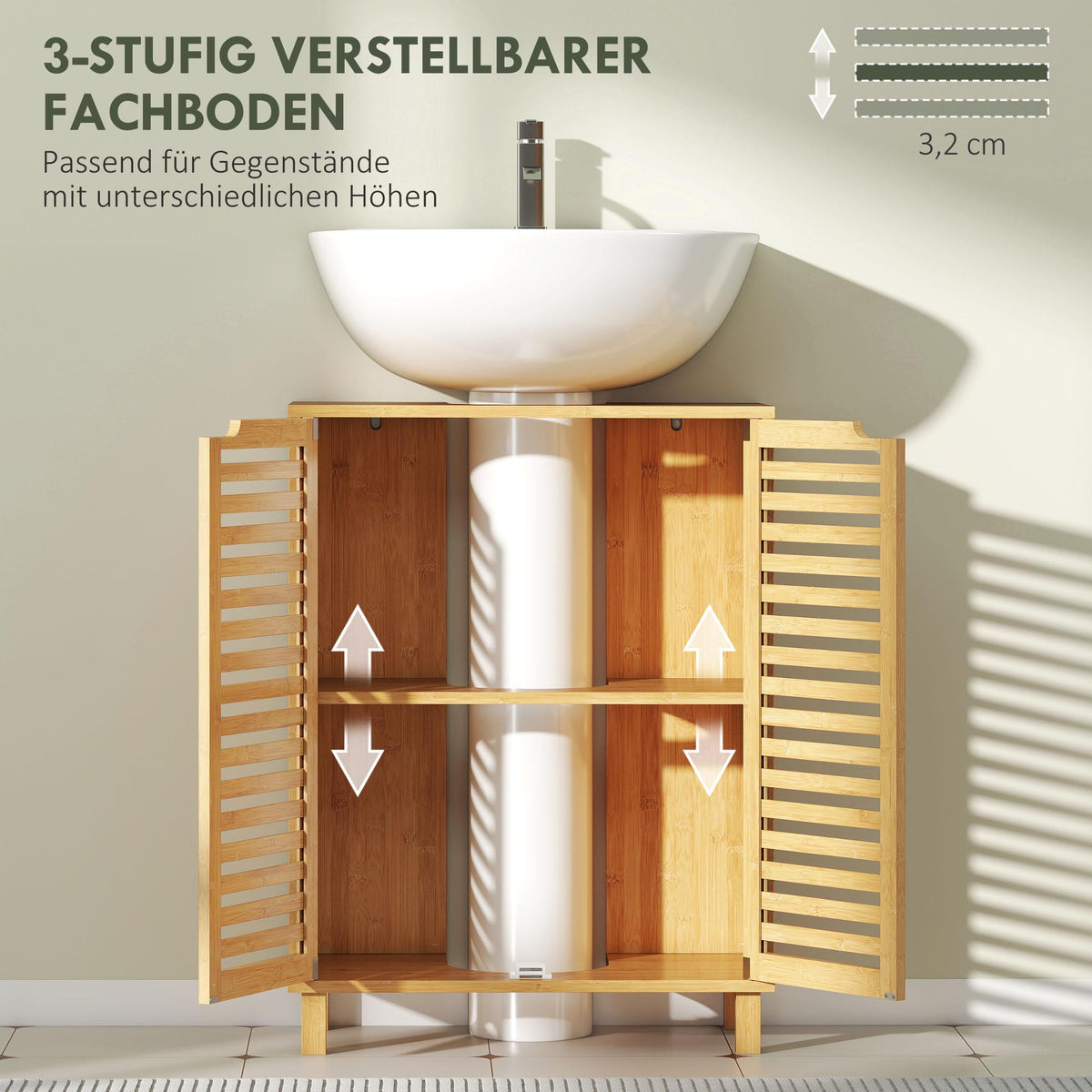 Bamboo Bathroom Vanity Cabinet, Adjustable Shelves, Natural