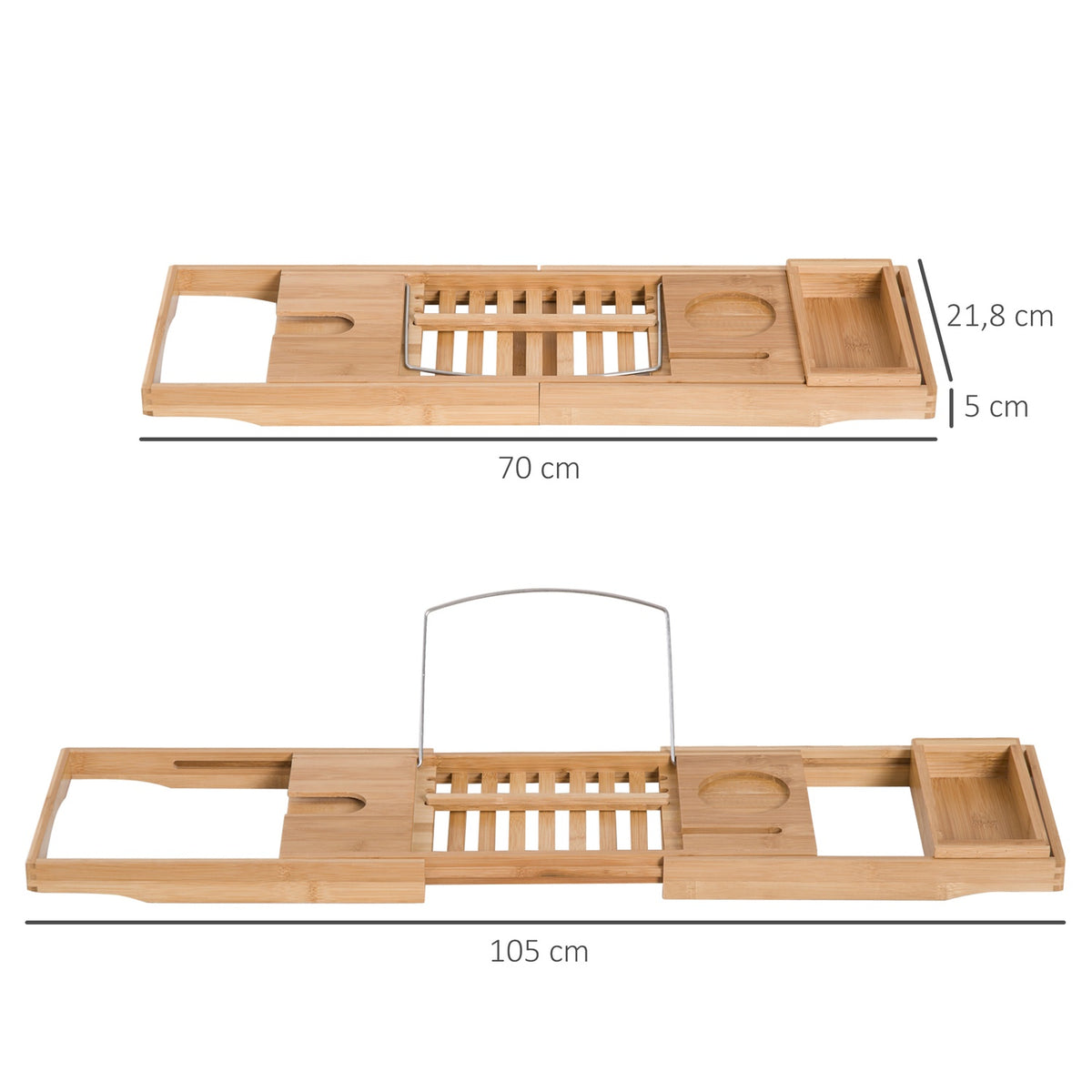Bamboo Bathtub Shelf For Bathtub, Bathtub Bridge, Bathtub Cushion, Natural, Adjustable 70-105X21.8X5Cm