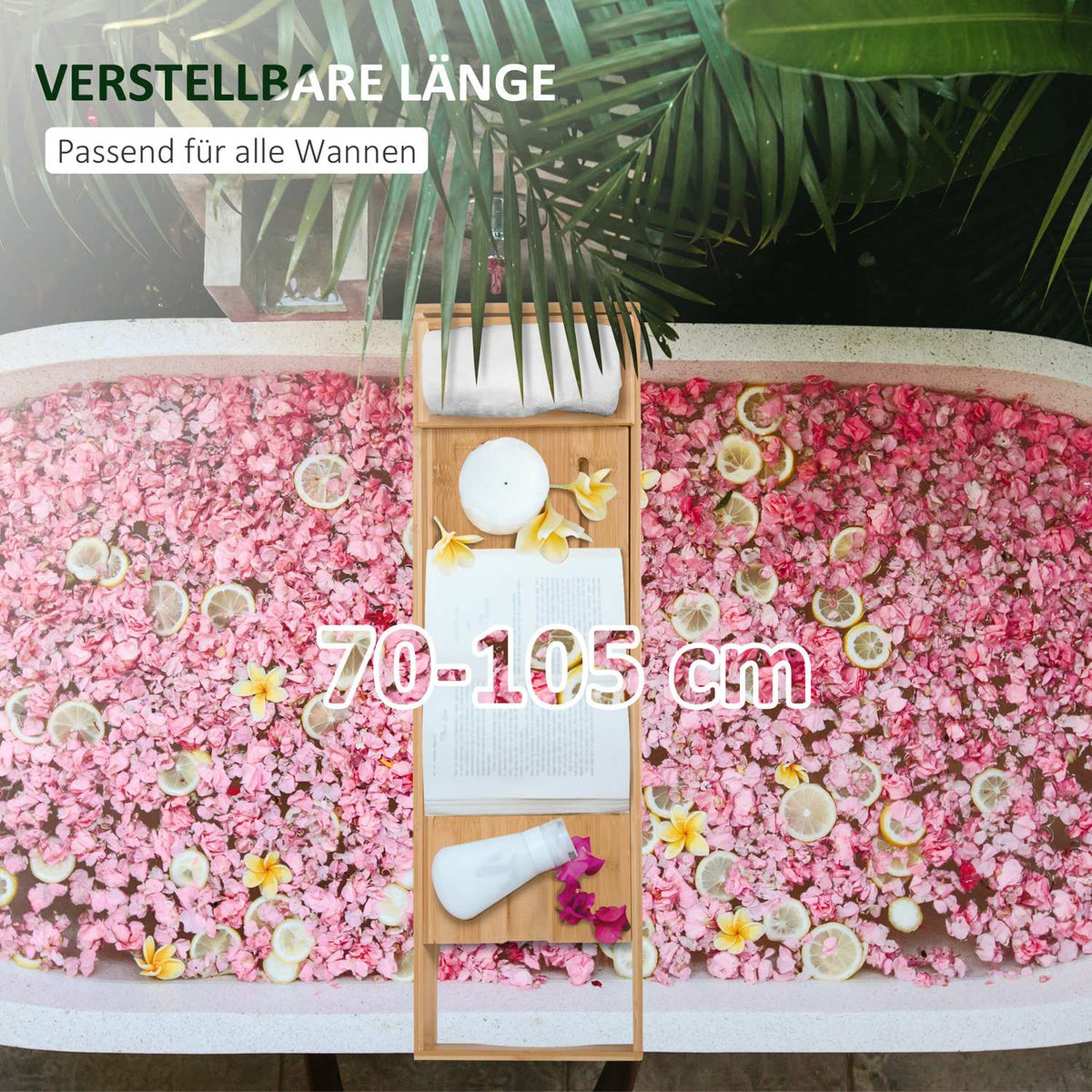 Bamboo Bathtub Shelf For Bathtub, Bathtub Bridge, Bathtub Cushion, Natural, Adjustable 70-105X21.8X5Cm