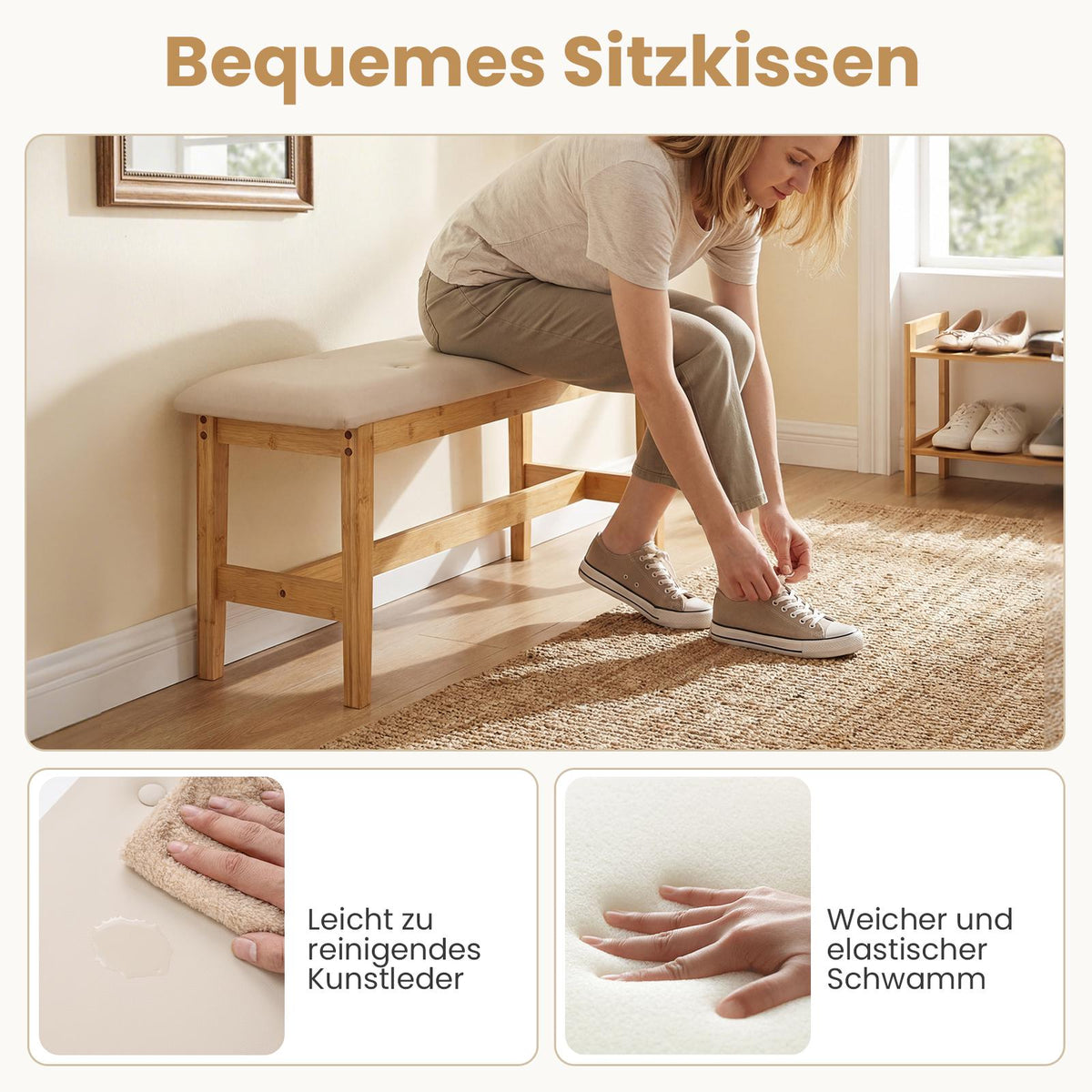 Bamboo Bench with Faux Leather Cushion, 100cm, Beige