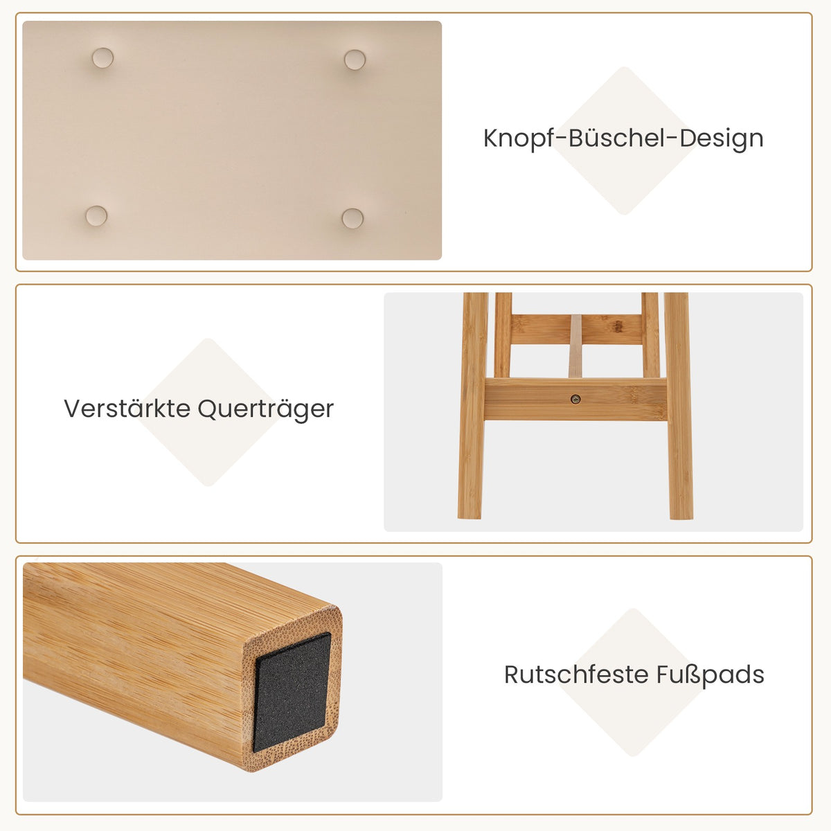 Bamboo Bench with Faux Leather Cushion, 100cm, Beige
