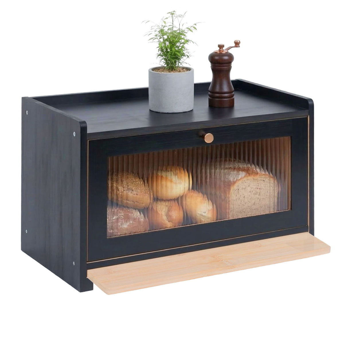 Bamboo Bread Bin with Cutting Board and Storage Shelf