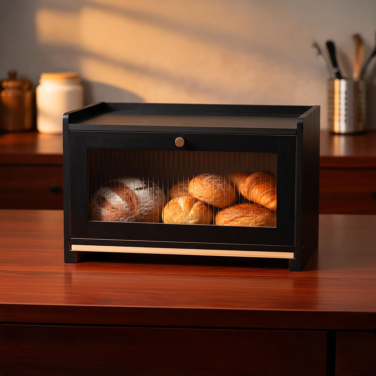 Bamboo Bread Bin with Cutting Board and Storage Shelf