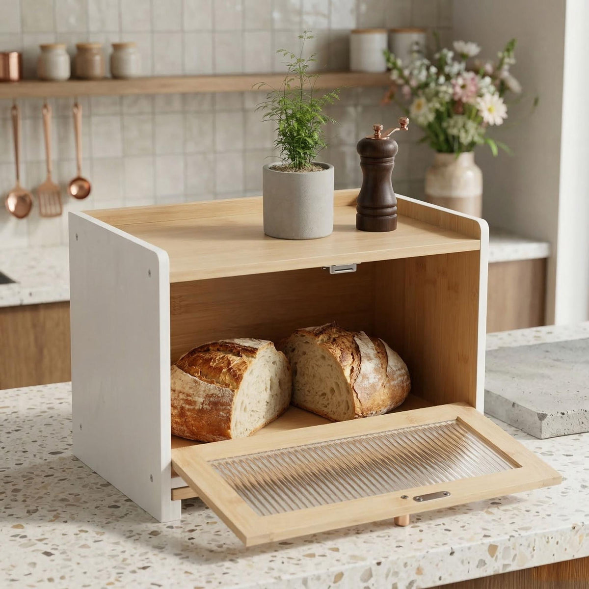 Bamboo Bread Bin with Cutting Board and Storage Shelf