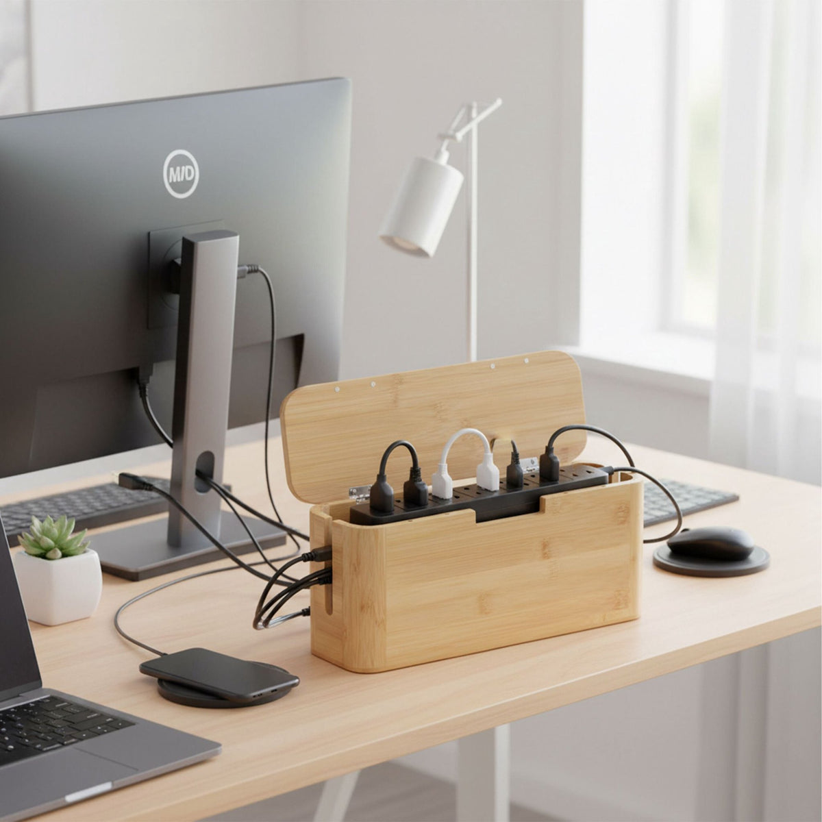 Bamboo Cable Box with Magnetic Lid – Organize & Protect