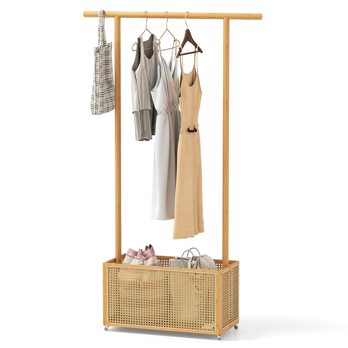 Bamboo Clothes Rack with Rattan Basket & Wheels, 100x32.5x172 cm