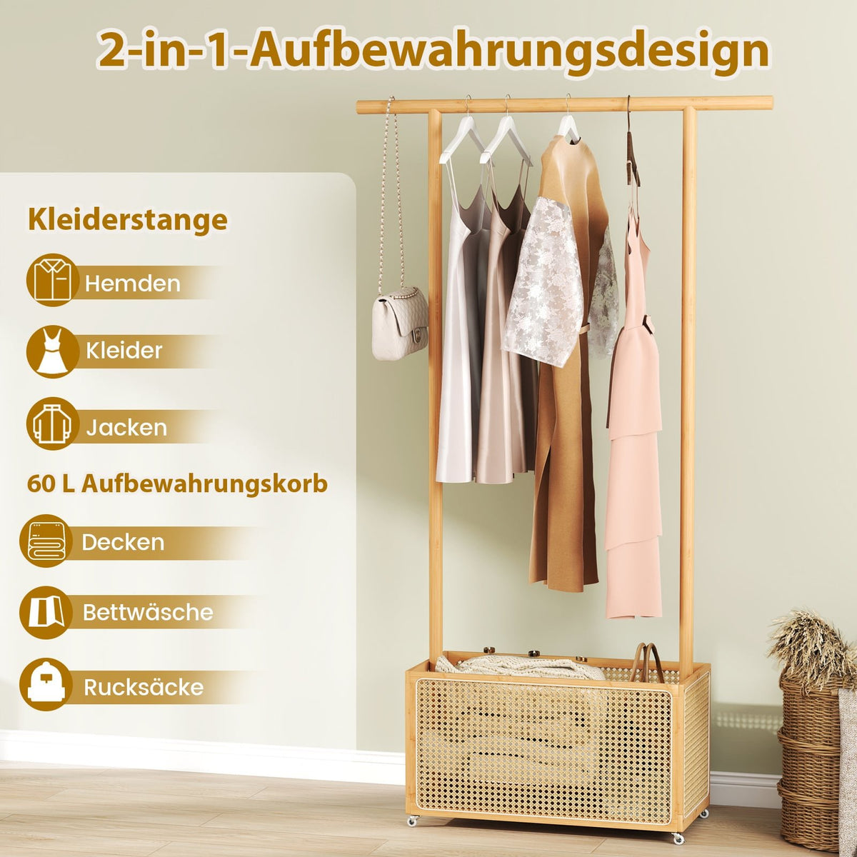 Bamboo Clothes Rack with Rattan Basket & Wheels, 100x32.5x172 cm