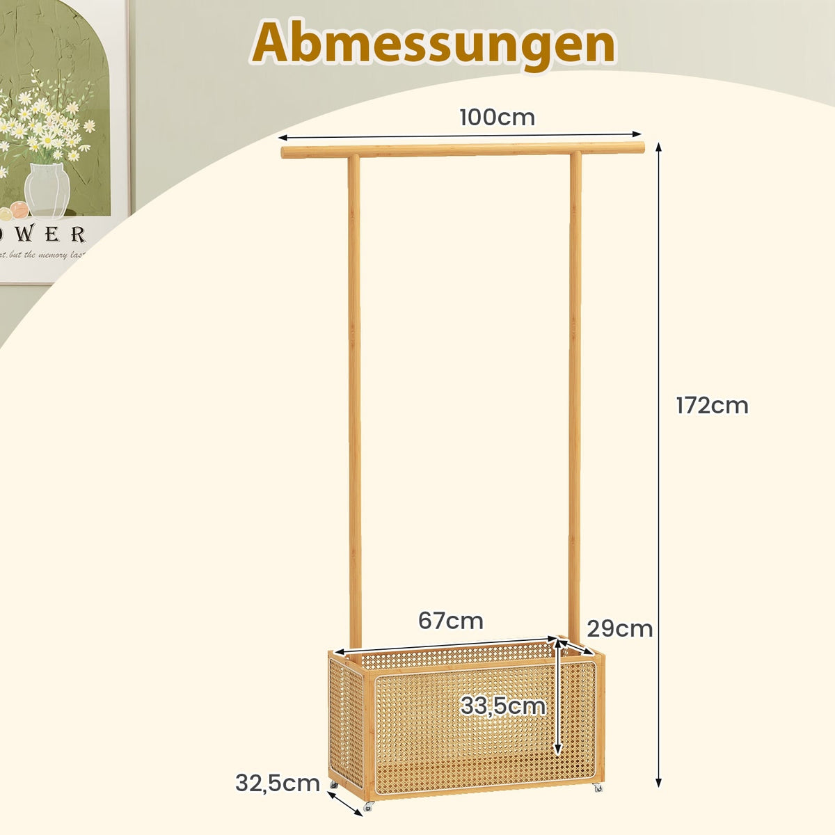 Bamboo Clothes Rack with Rattan Basket & Wheels, 100x32.5x172 cm
