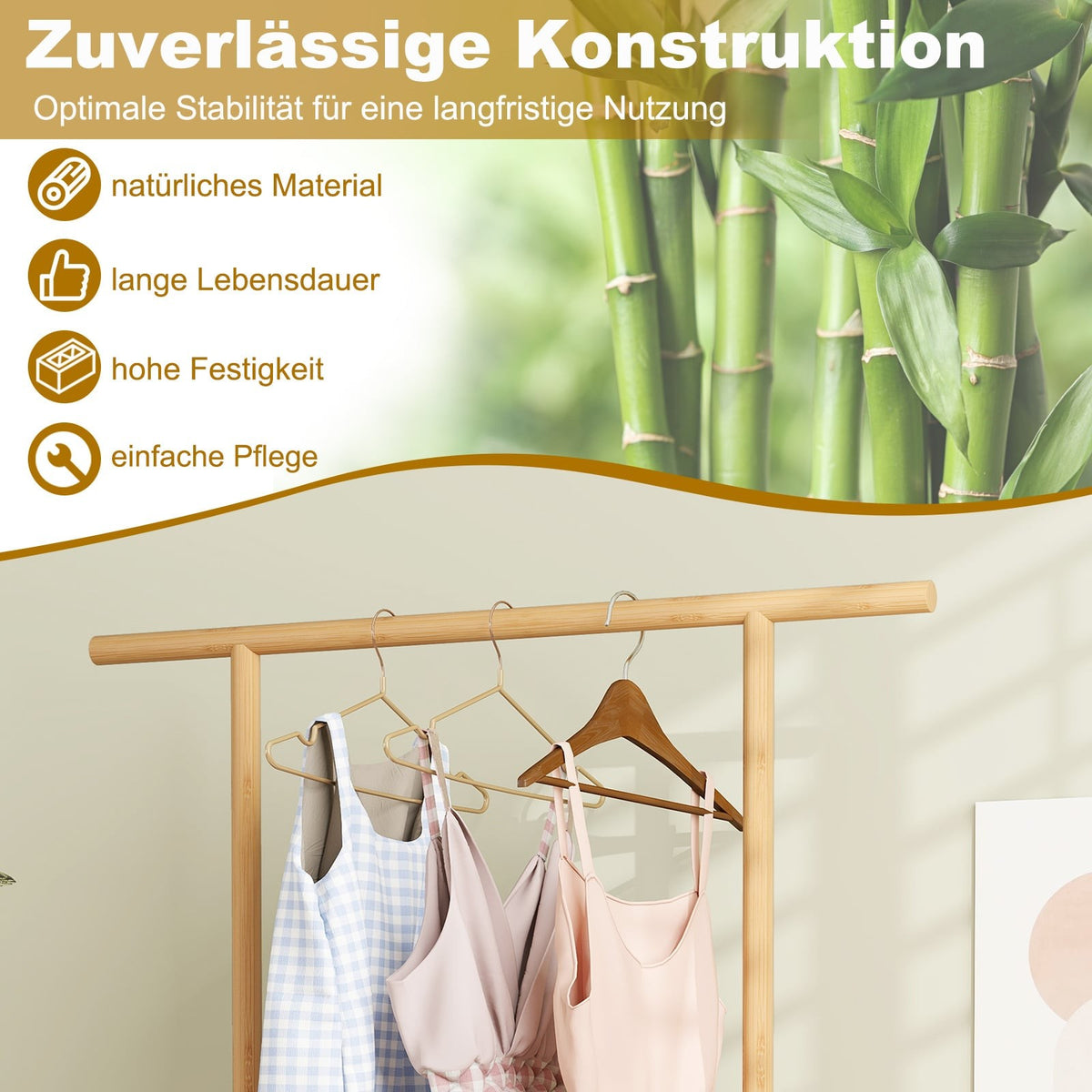 Bamboo Clothes Rack with Rattan Basket & Wheels, 100x32.5x172 cm