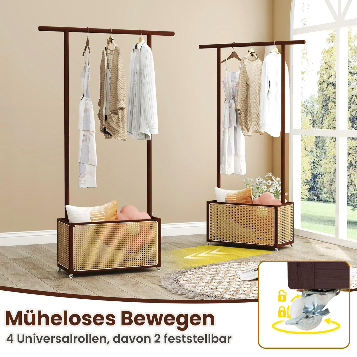 Bamboo Clothes Rack with Rattan Basket & Wheels, Brown