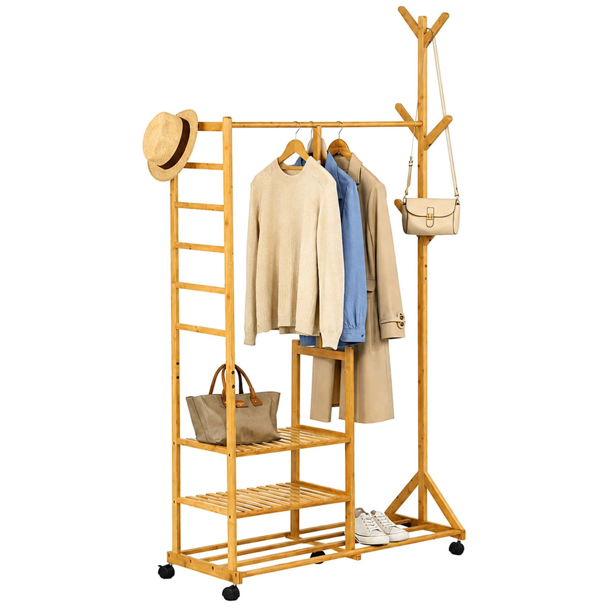 Bamboo Clothes Rack with Shelves and Castors, Natural