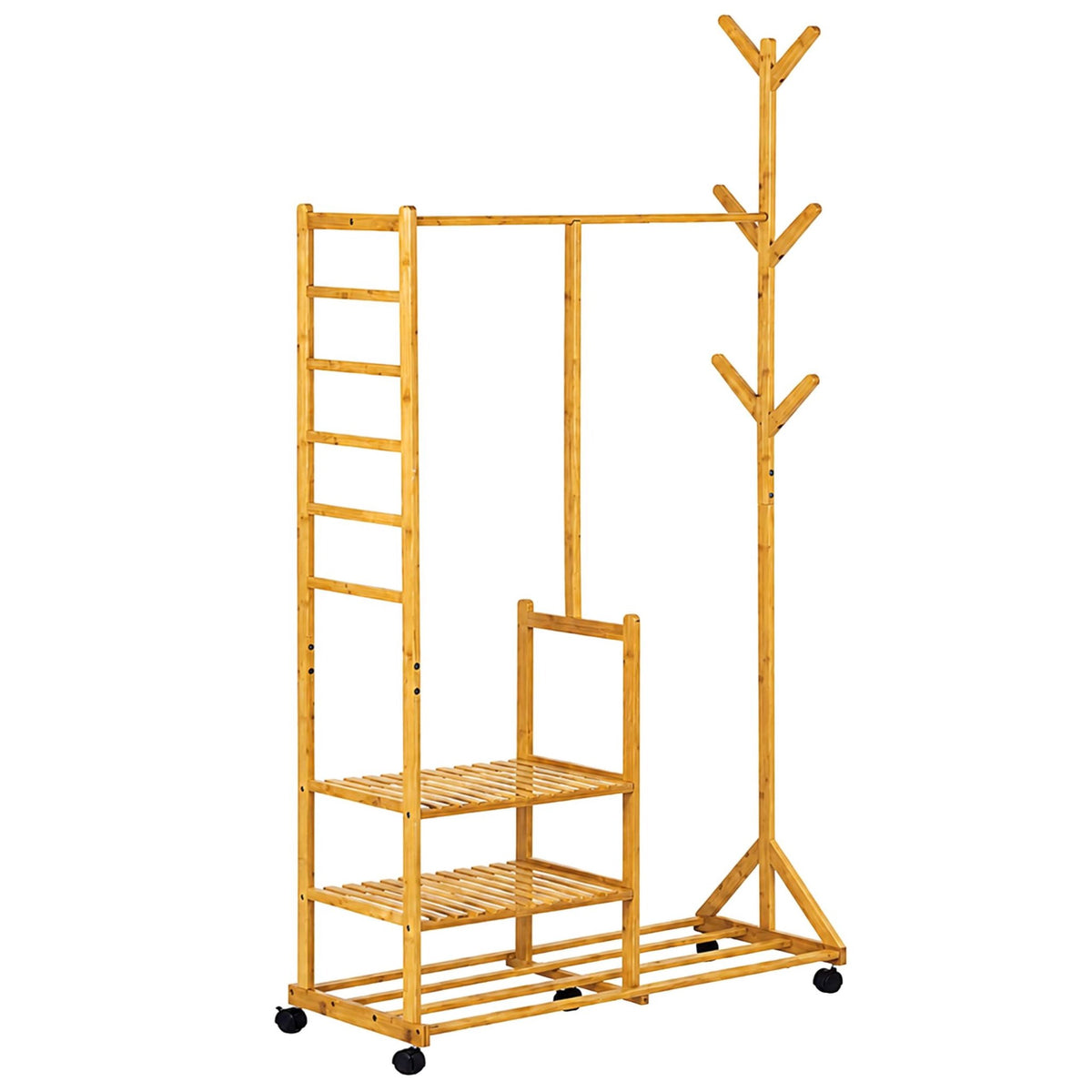 Bamboo Clothes Rack with Shelves and Castors, Natural