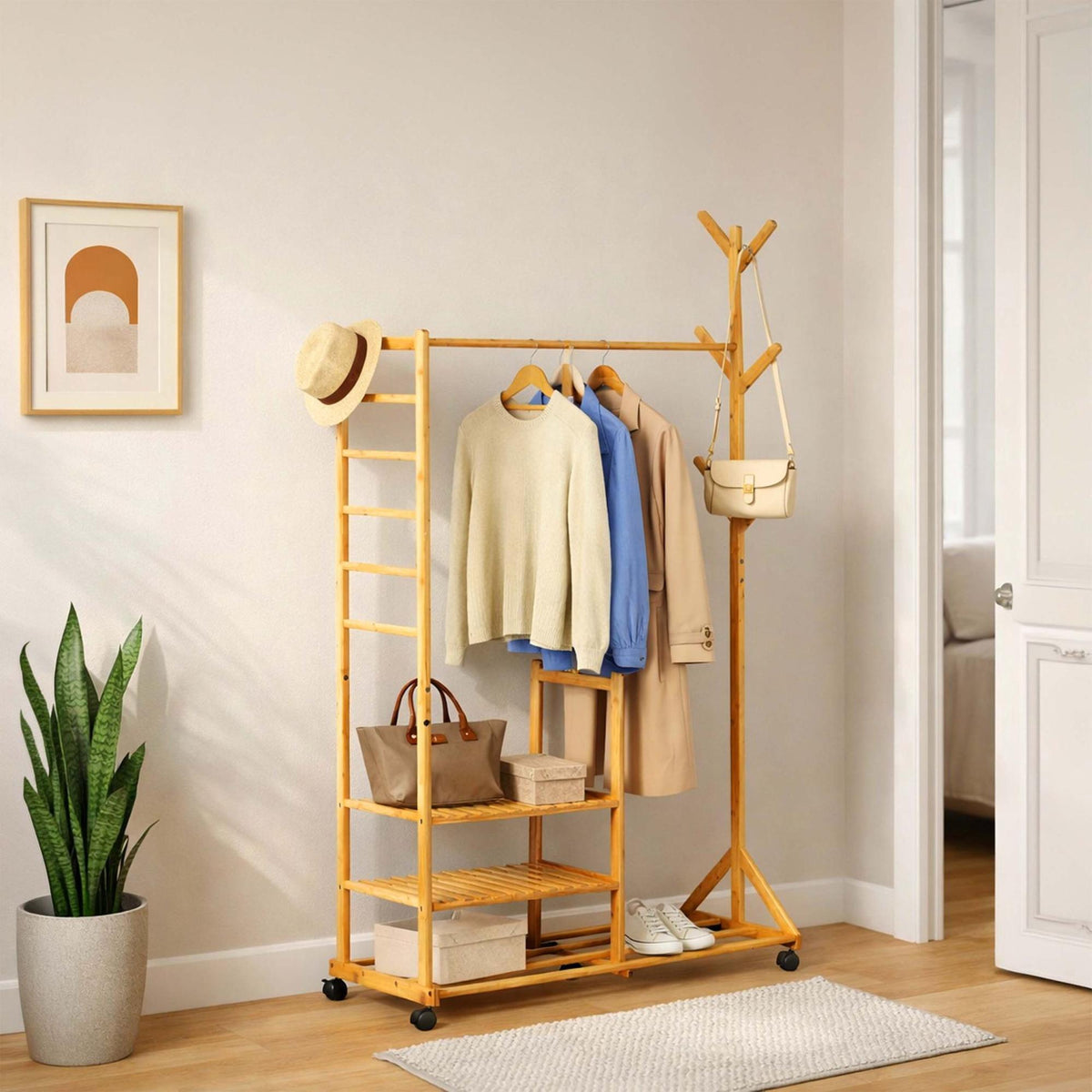 Bamboo Clothes Rack with Shelves and Castors, Natural