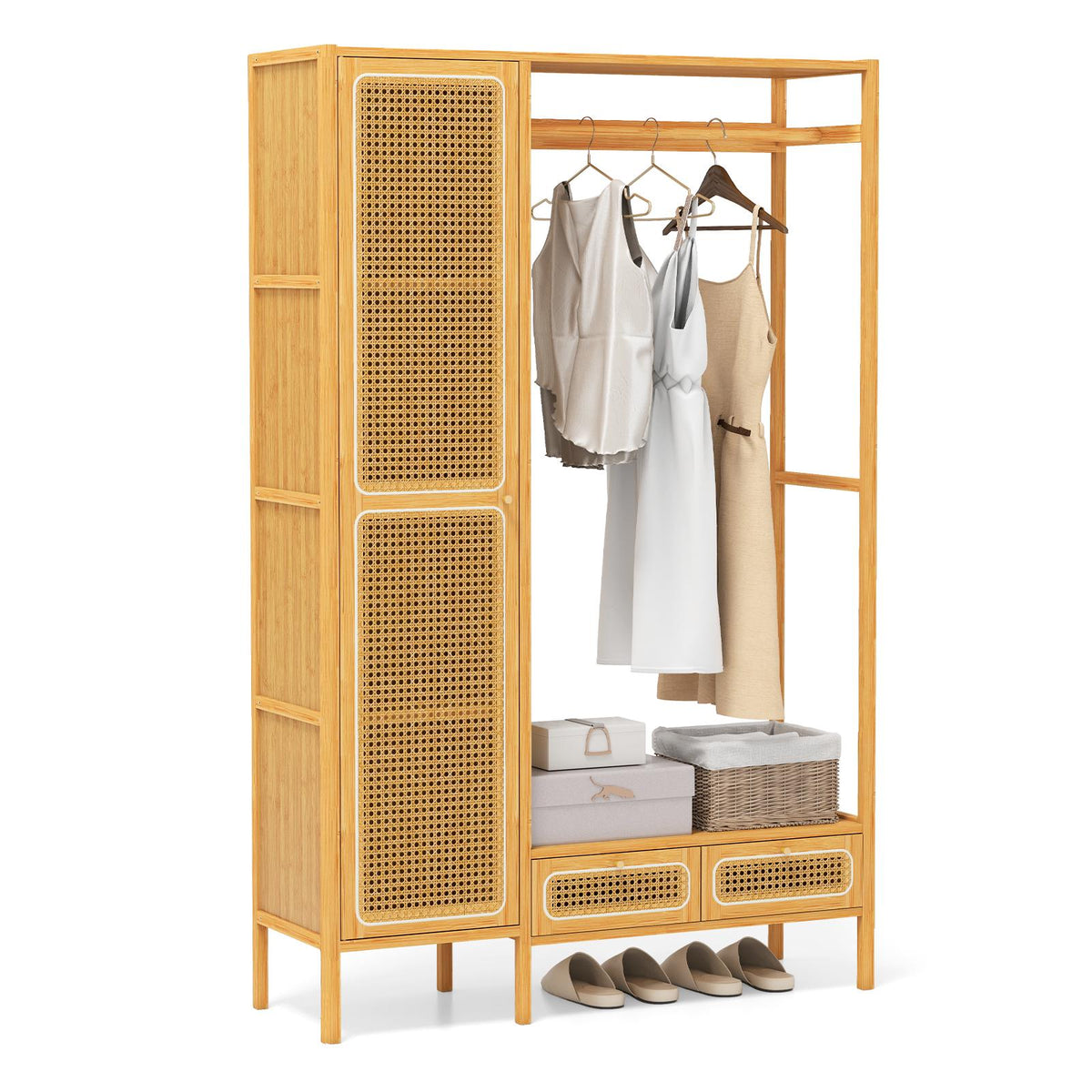 Bamboo Clothes Rack with Shelves and Drawers, Natural Finish