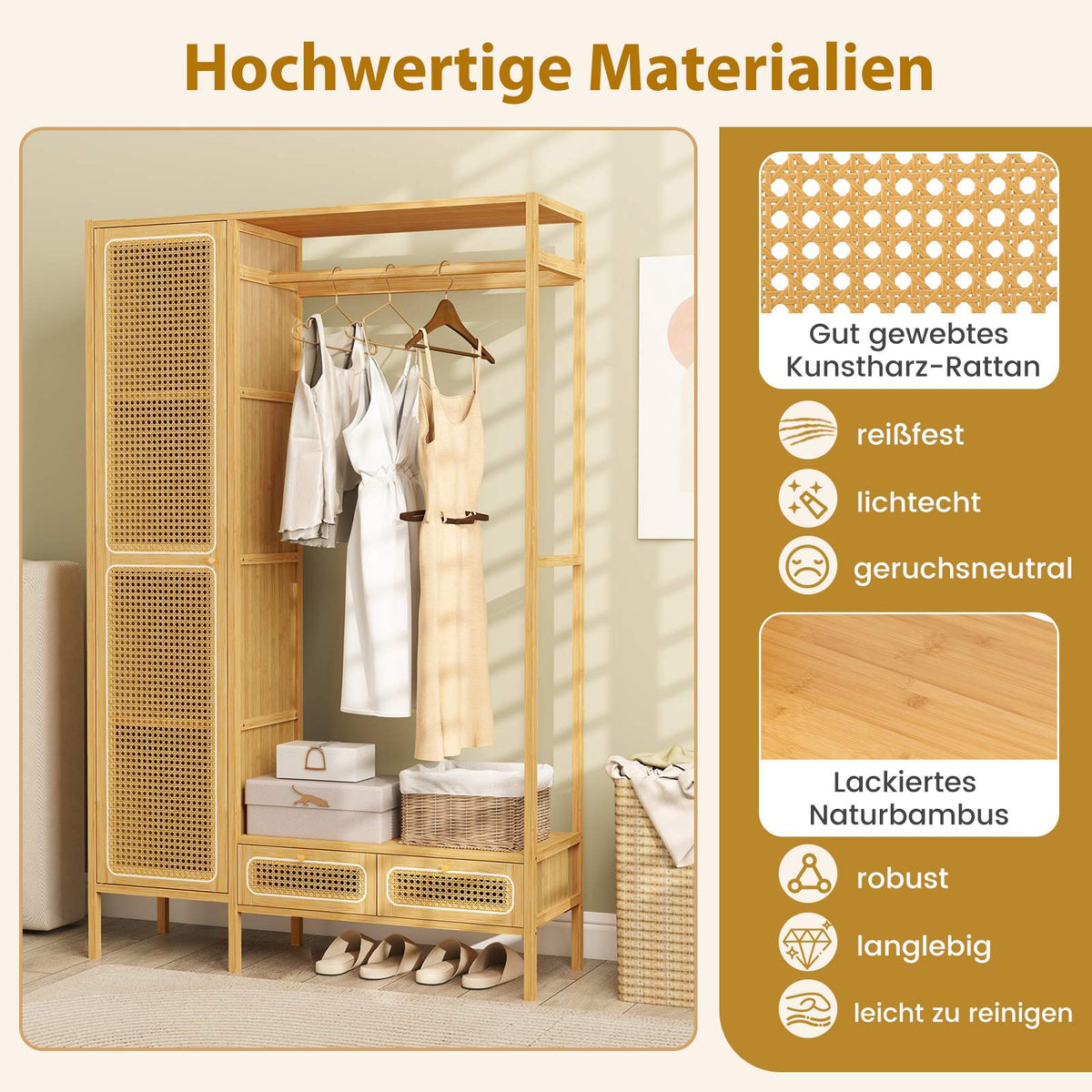 Bamboo Clothes Rack with Shelves and Drawers, Natural Finish
