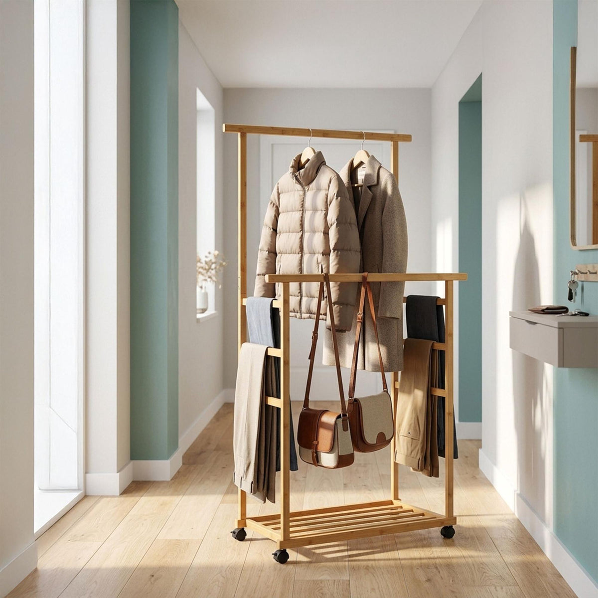 Bamboo Clothes Rack with Wheels, 2 Rails, Natural Finish