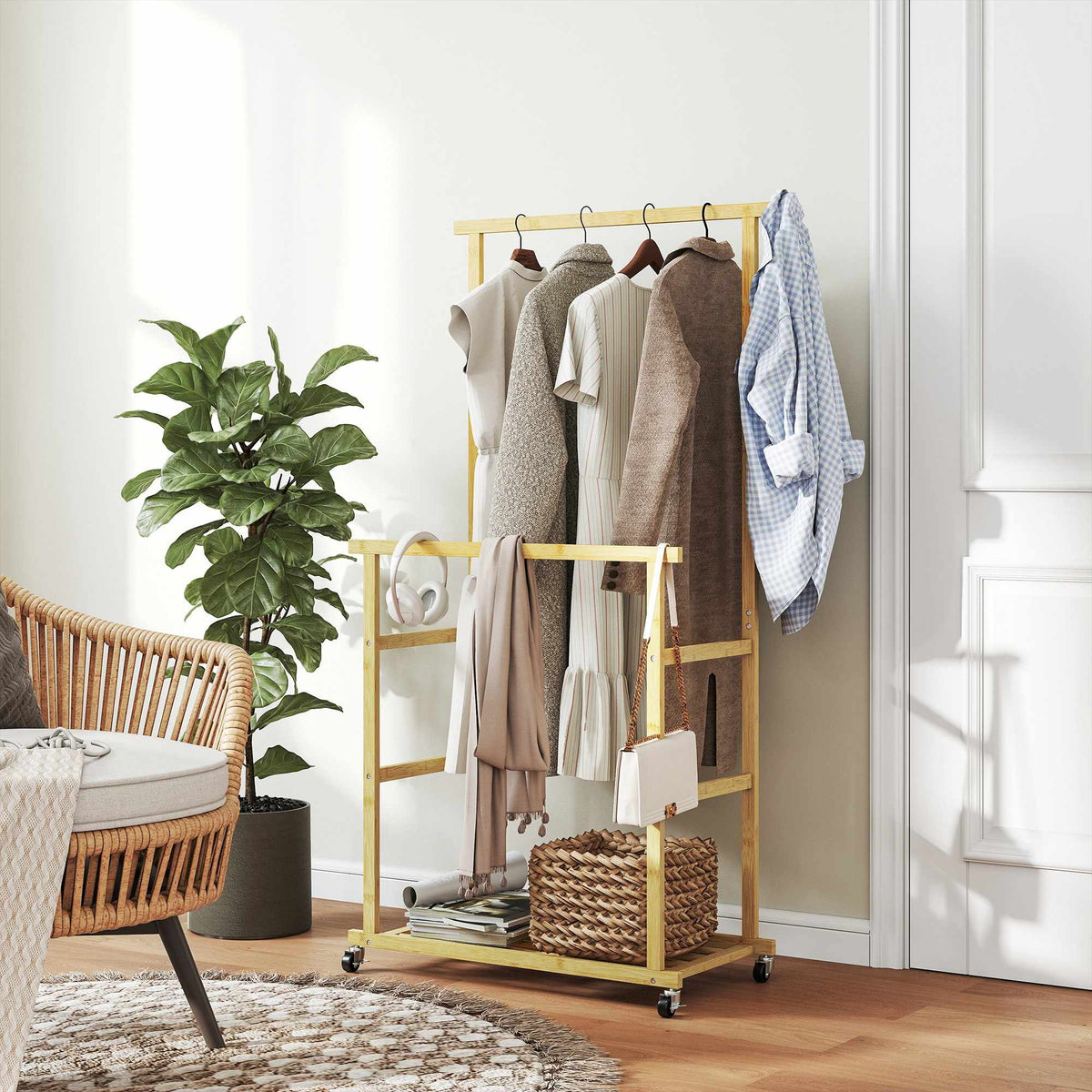 Bamboo Clothes Rack with Wheels, Dual Rods, Shoe Shelf