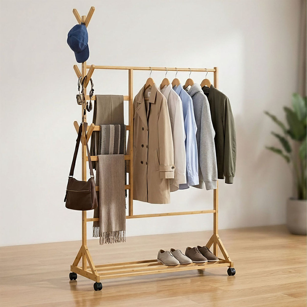 Bamboo Clothes Trolley with Hooks and Wheels
