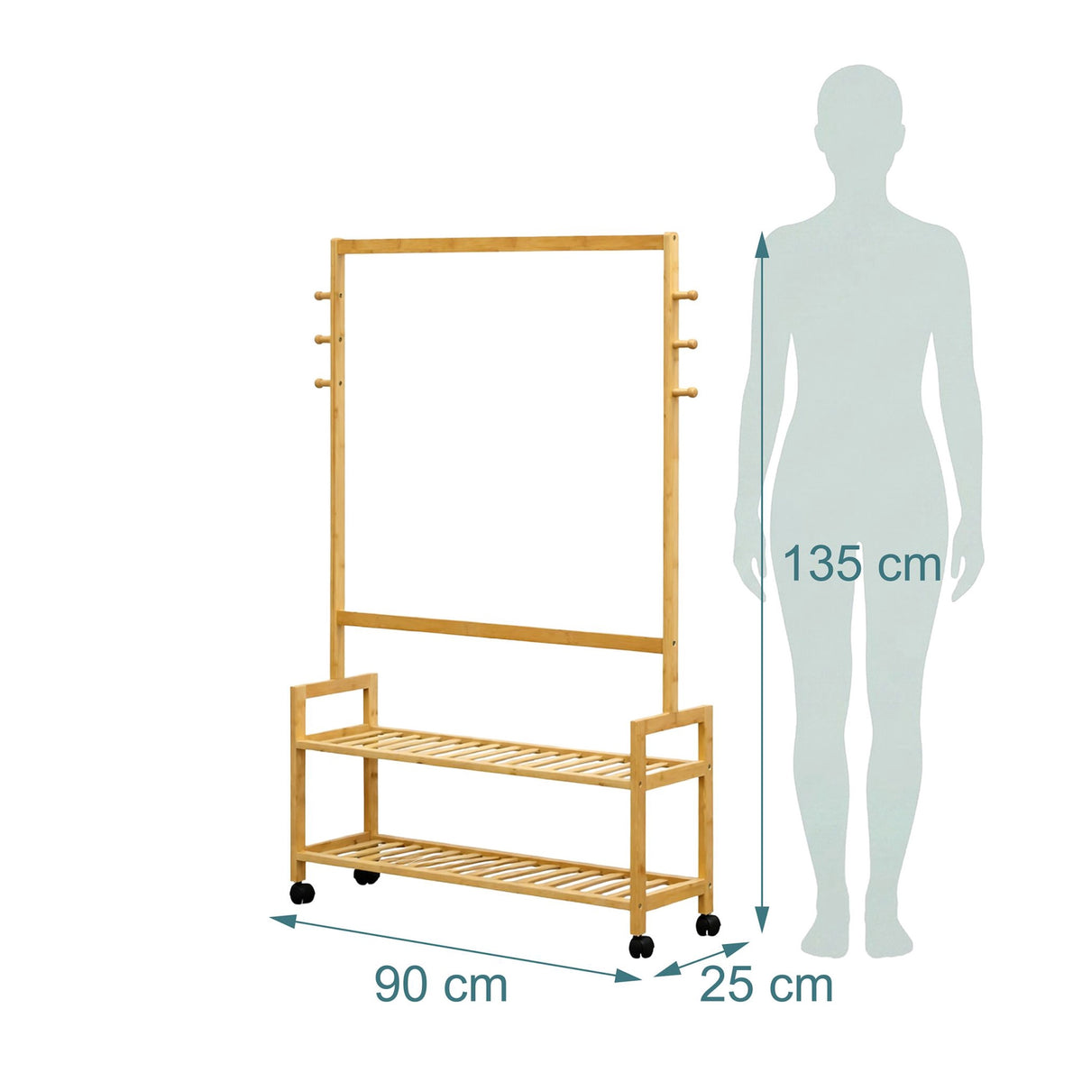 Bamboo Clothes Trolley with Shelves and Hooks