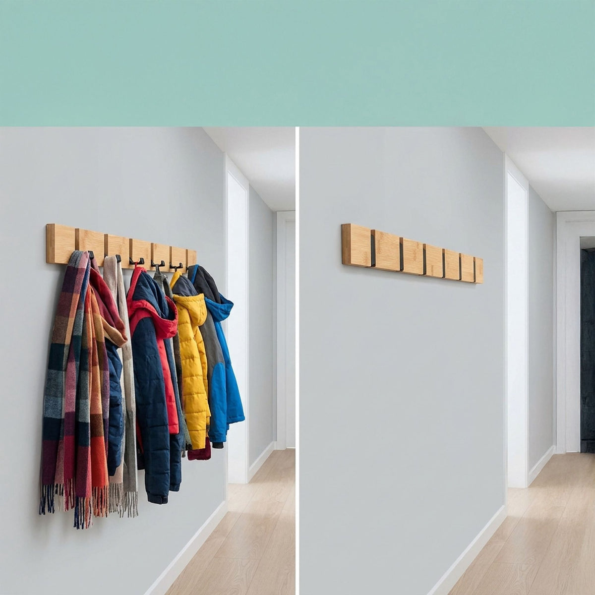 Bamboo Coat Rack With Folding Hooks, Black Accents