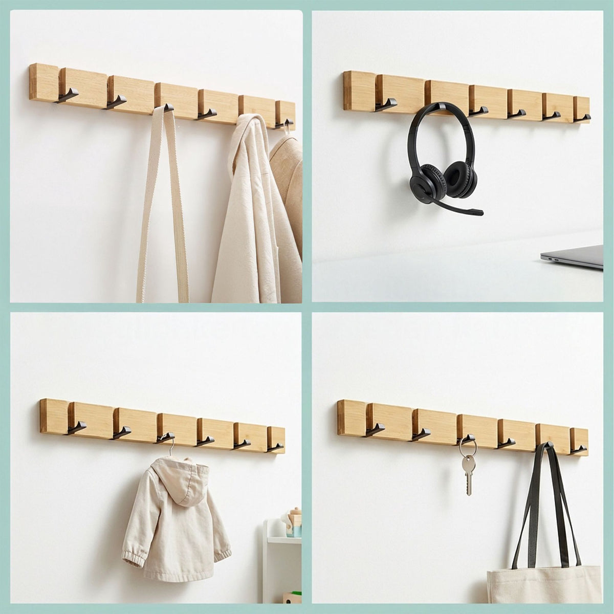 Bamboo Coat Rack With Folding Hooks, Black Accents
