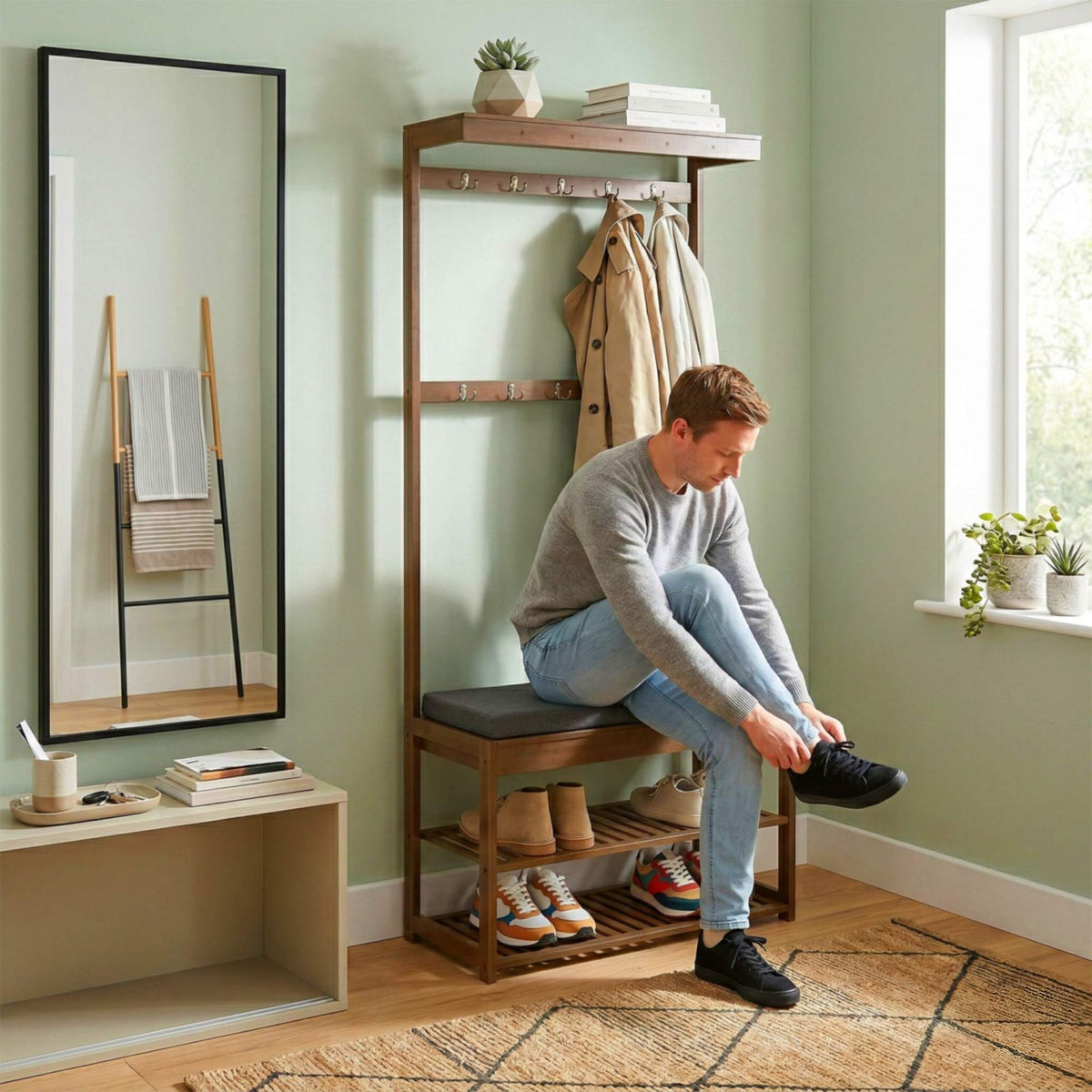 Bamboo Coat Rack and Bench with Storage Shelves