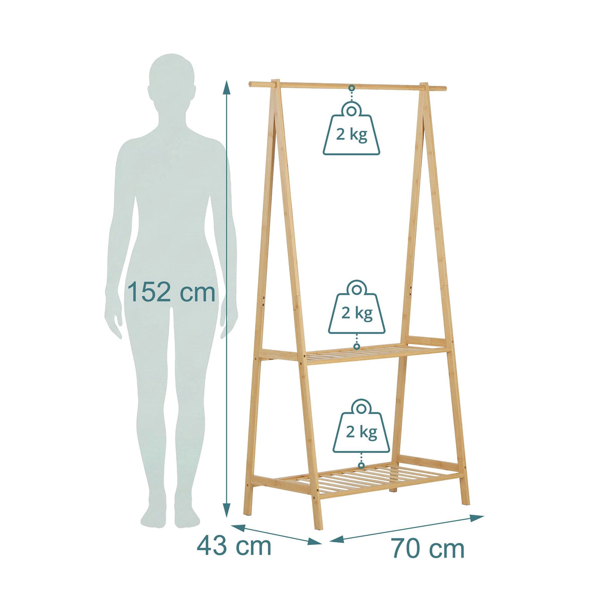 Bamboo Coat Rack with 2 Shelves, Natural Finish
