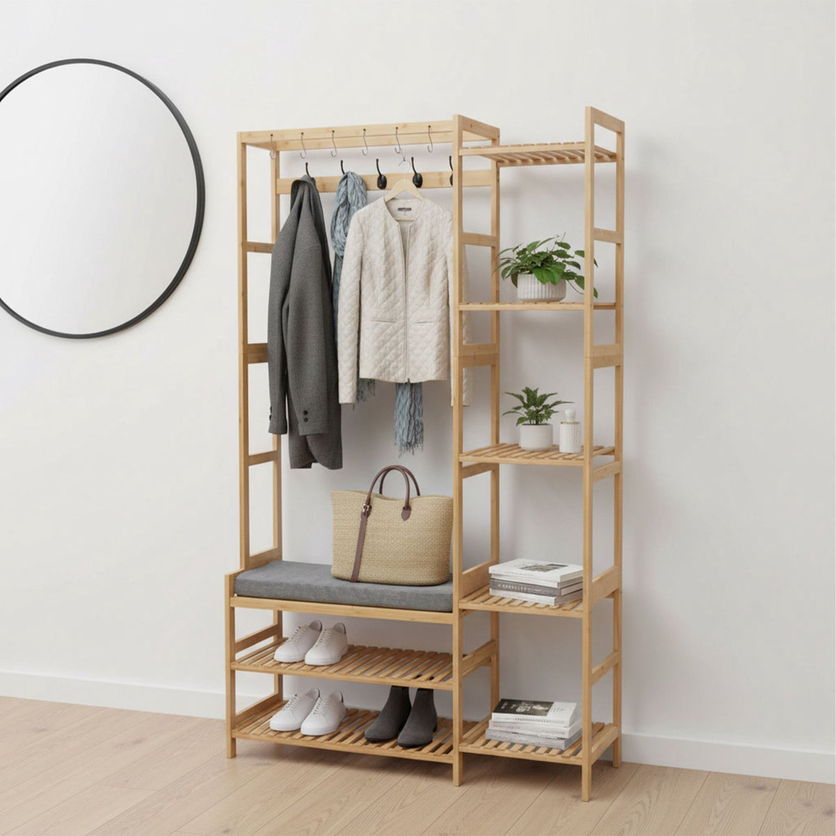 Bamboo Coat Rack with Bench, Hooks, and Shelves