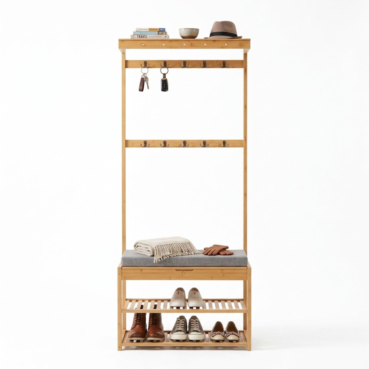 Bamboo Coat Rack with Bench and Storage Shelves