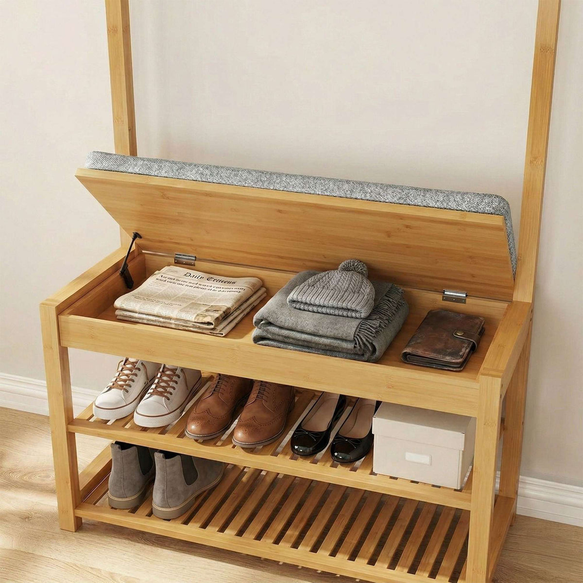 Bamboo Coat Rack with Bench and Storage Shelves
