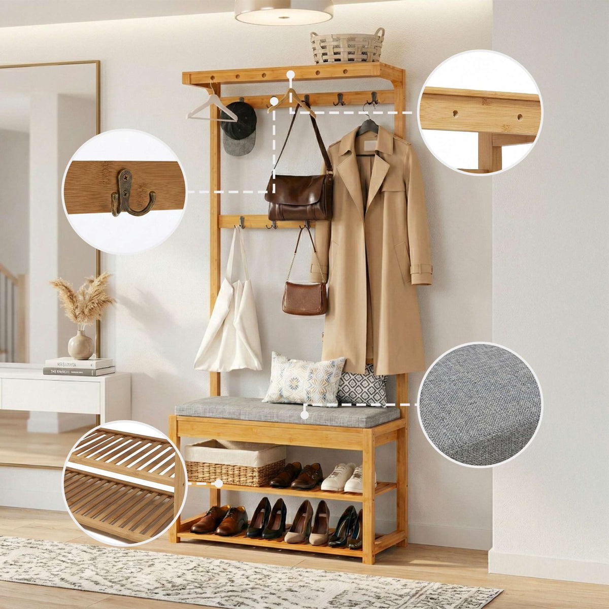 Bamboo Coat Rack with Bench and Storage Shelves