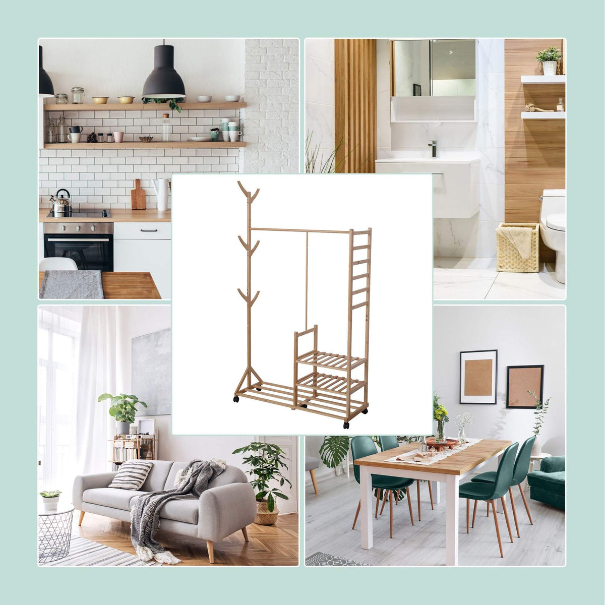 Bamboo Coat Rack with Shelves, Hooks, and Wheels