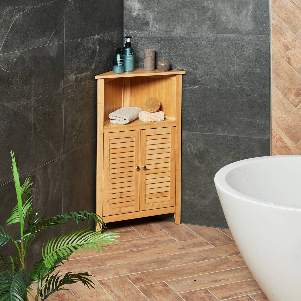 Bamboo Corner Cabinet – 3 Shelves, Lamella Doors