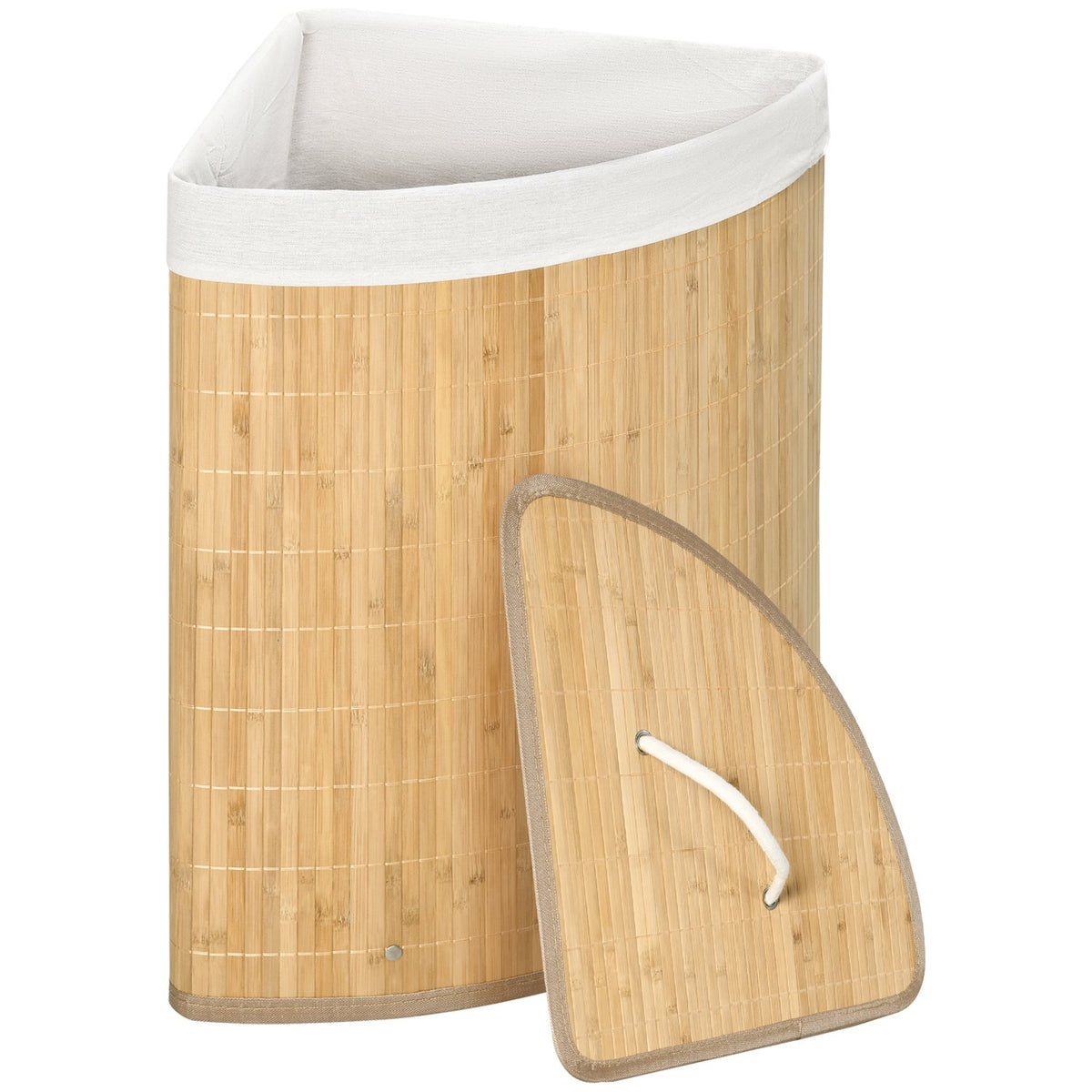 Bamboo Corner Laundry Basket 55L with Lid and Removable Bag 38 x 38 x 57 cm Natural Wood and White