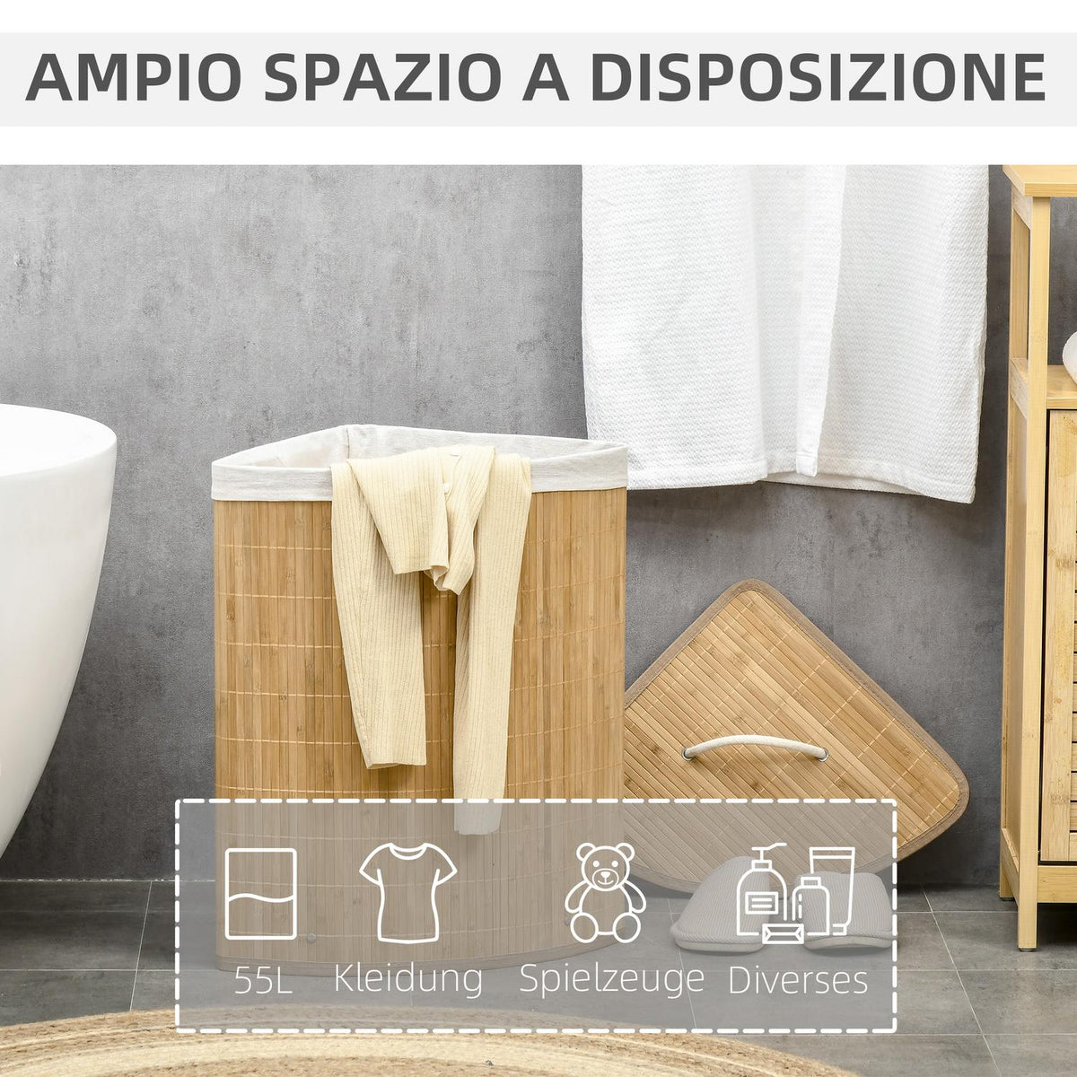 Bamboo Corner Laundry Basket 55L with Lid and Removable Bag 38 x 38 x 57 cm Natural Wood and White