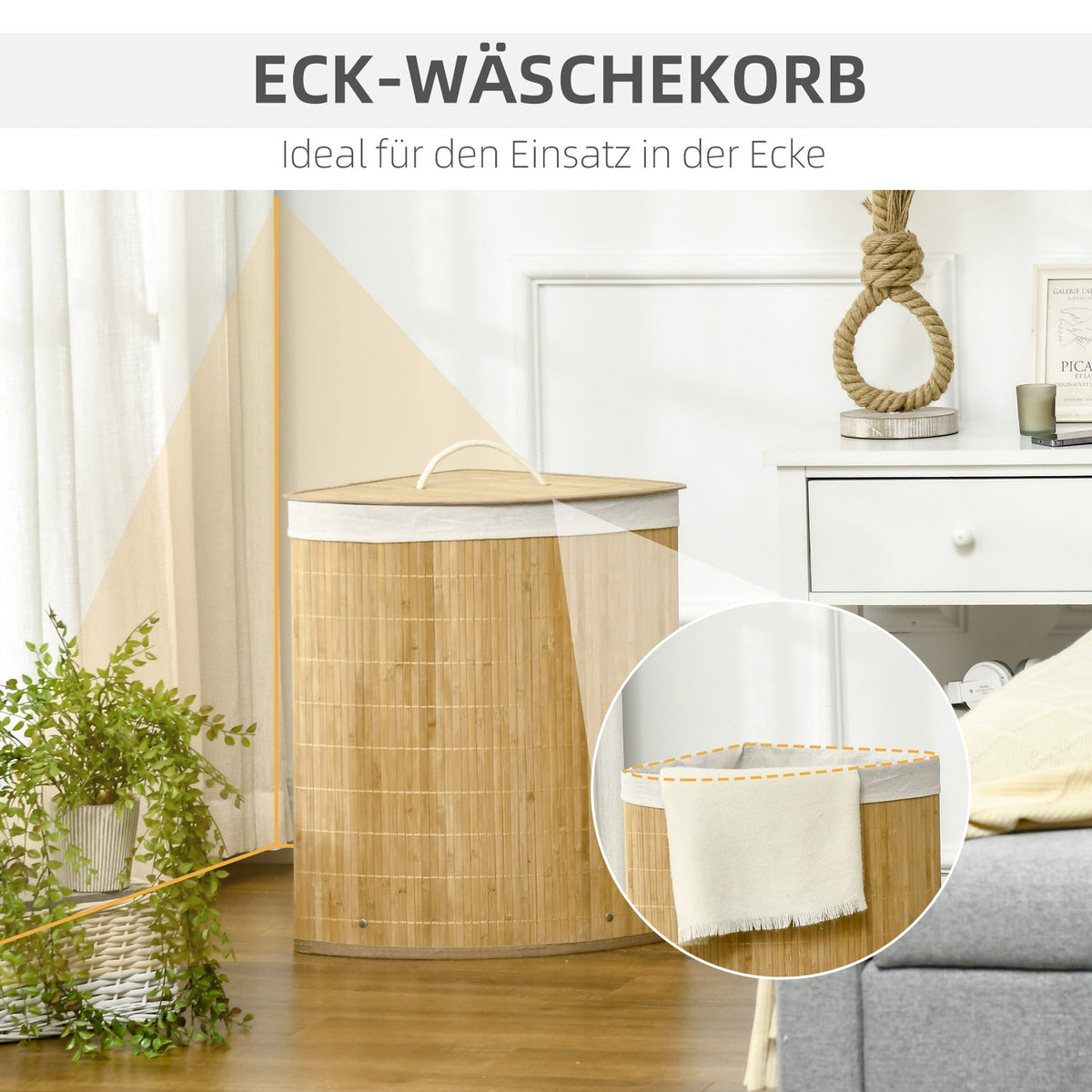 Bamboo Corner Laundry Basket 55L with Lid and Removable Bag 38 x 38 x 57 cm Natural Wood and White