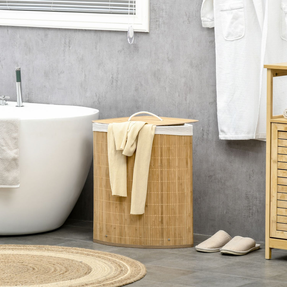 Bamboo Corner Laundry Basket 55L with Lid and Removable Bag 38 x 38 x 57 cm Natural Wood and White