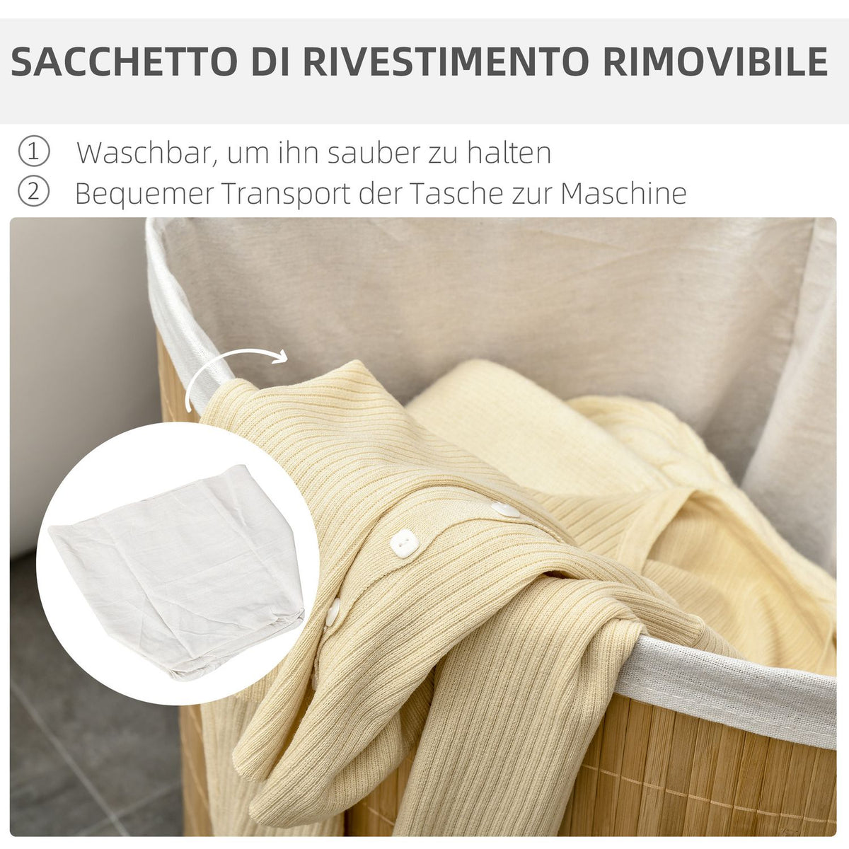 Bamboo Corner Laundry Basket 55L with Lid and Removable Bag 38 x 38 x 57 cm Natural Wood and White