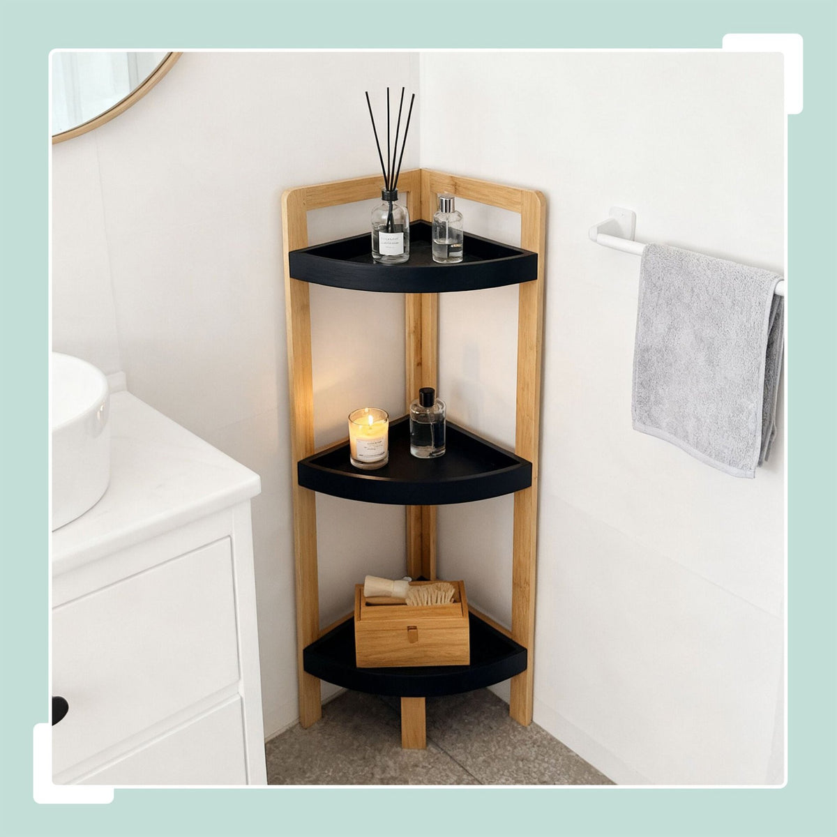 Bamboo Corner Shelf with Racks, Space-Saving Design