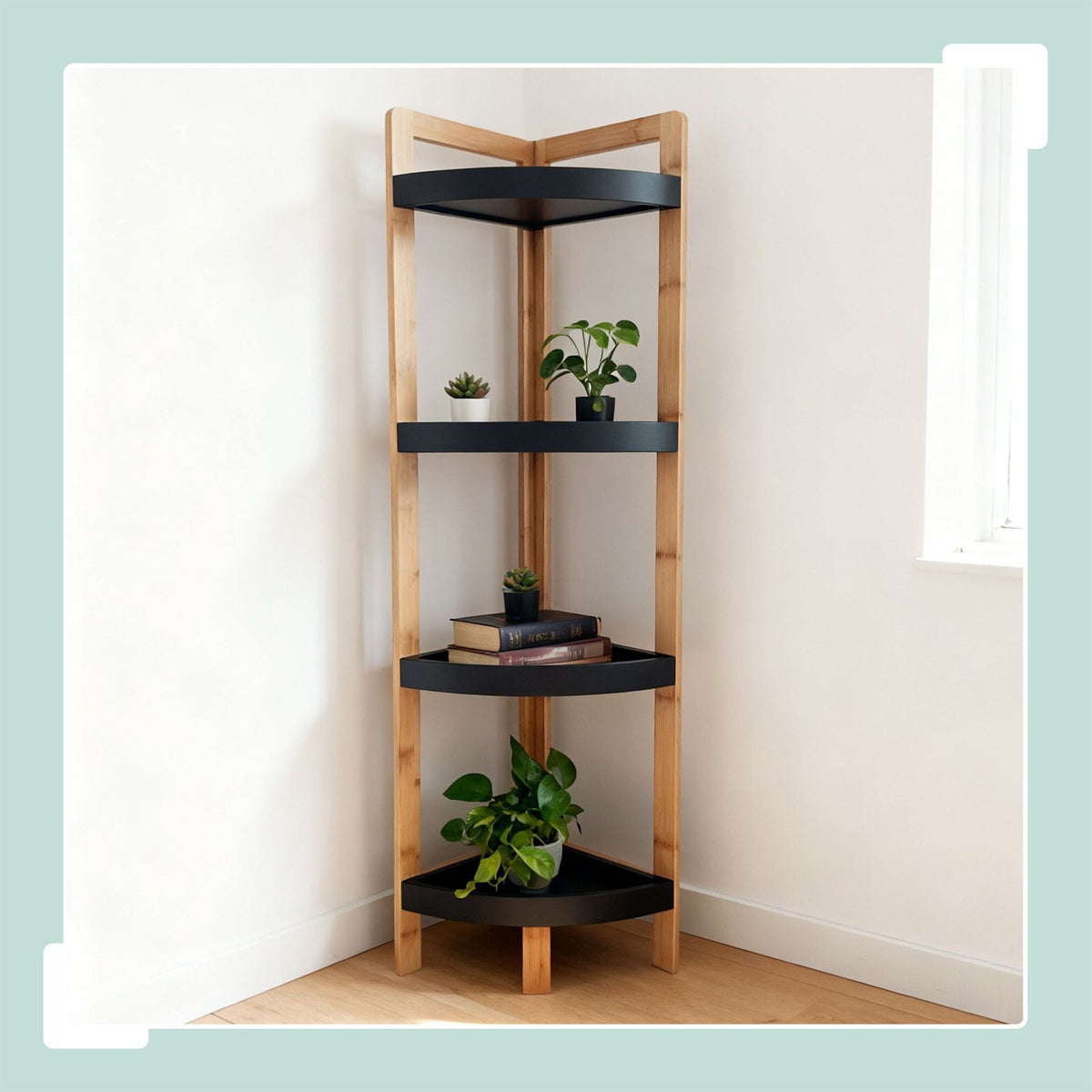 Bamboo Corner Shelf with Racks, Space-Saving Design