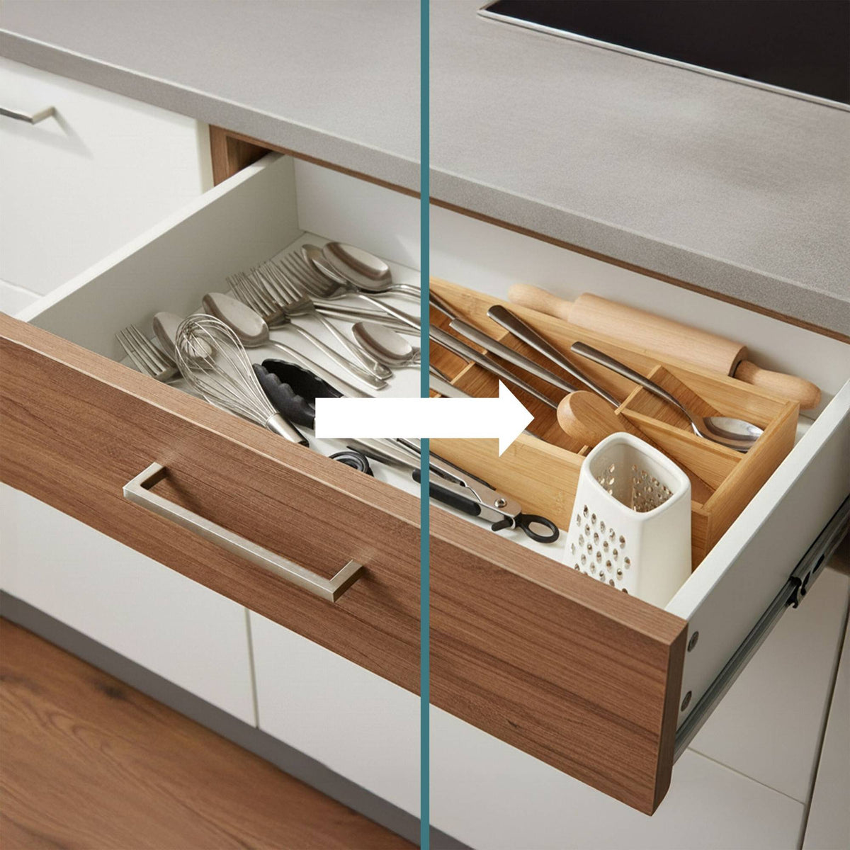 Bamboo Cutlery Tray, 5 Compartments, Space-Saving Design