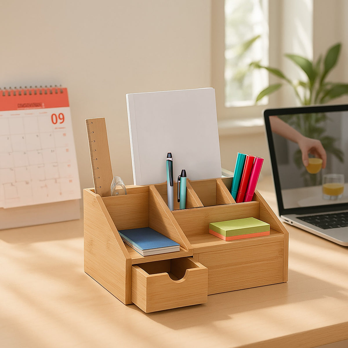 Bamboo Desk Organiser with Drawer, 6 Compartments