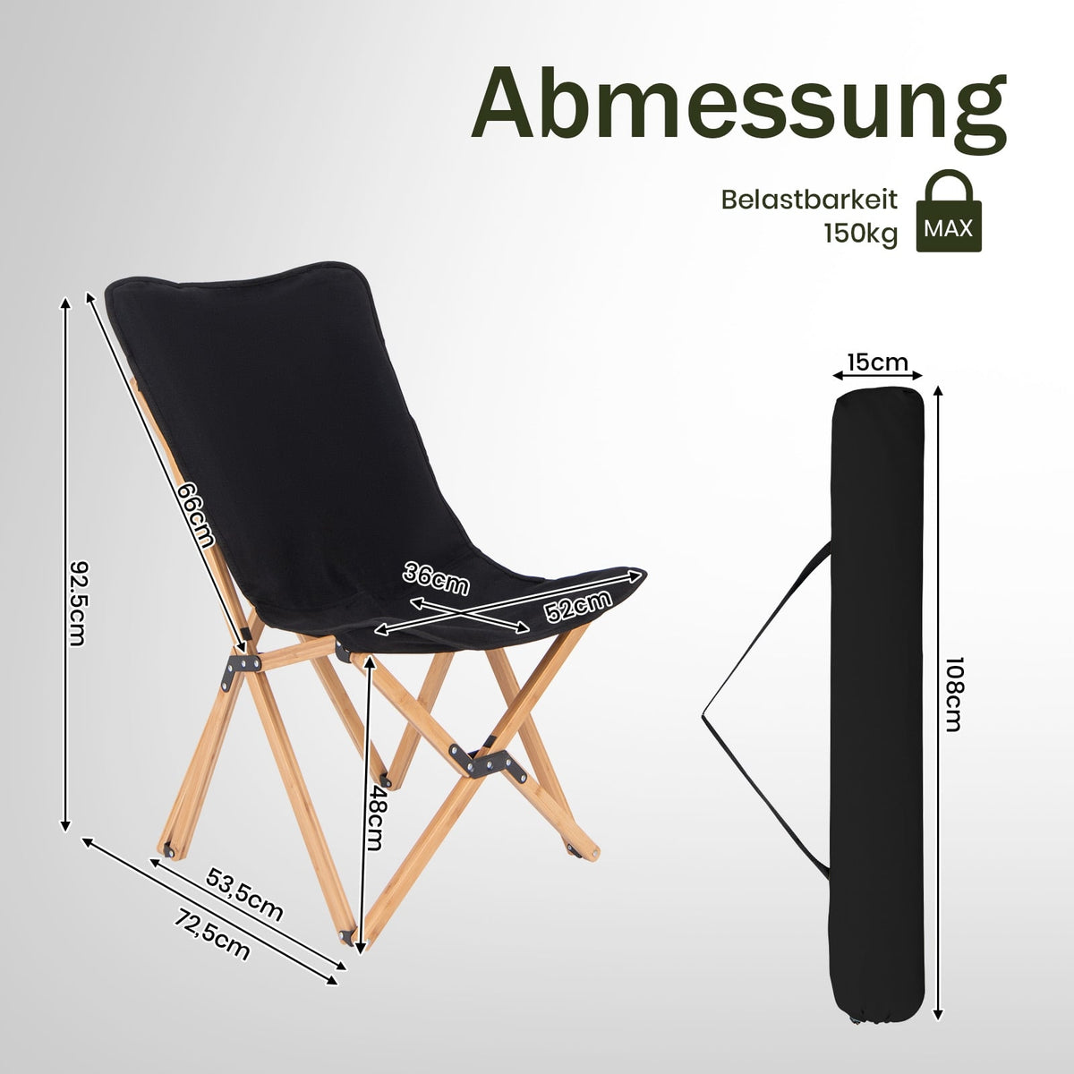 Bamboo Folding Chairs, 2-Pack, Canvas, 150kg Capacity