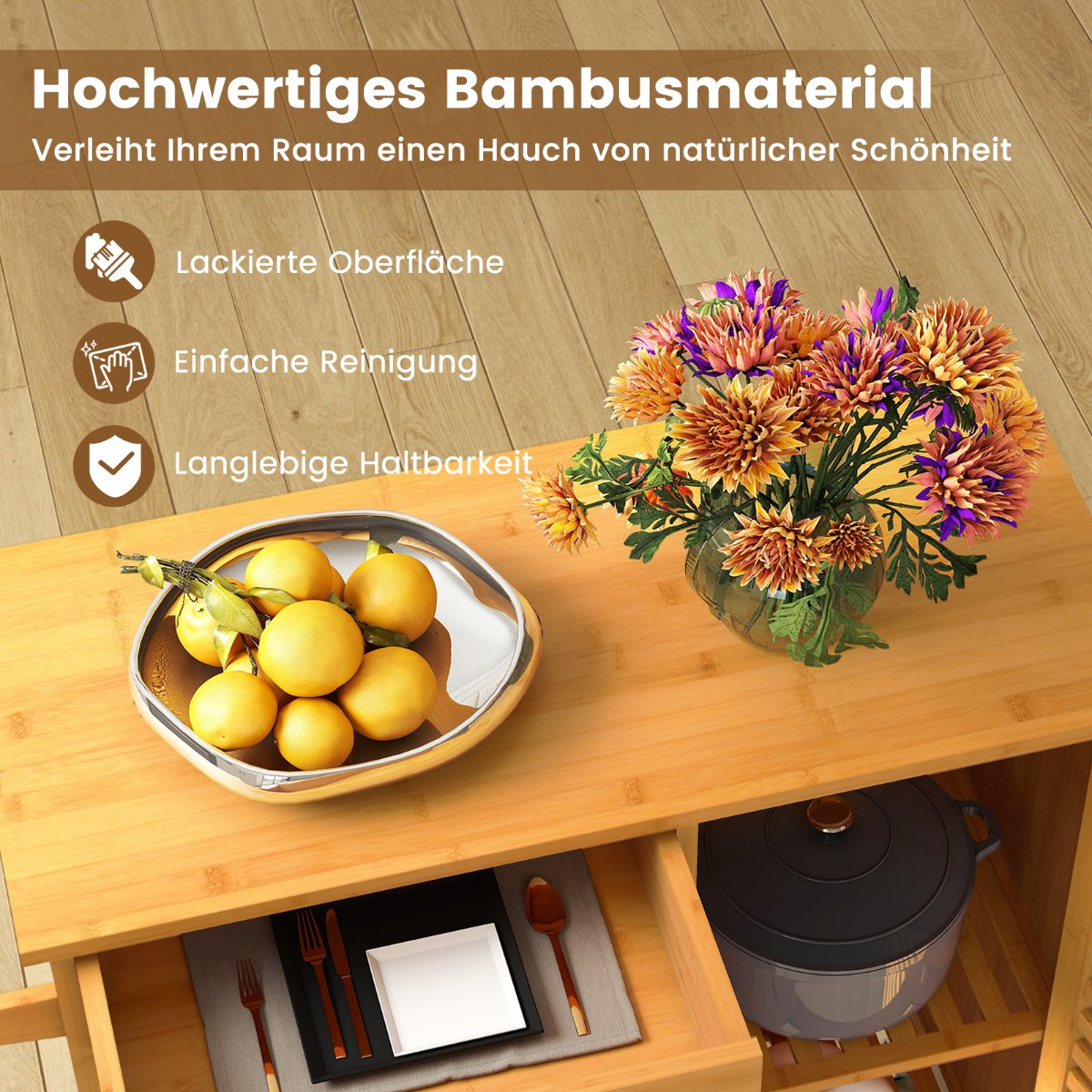 Bamboo Kitchen Cart with Drawer and Shelves, Mobile Storage
