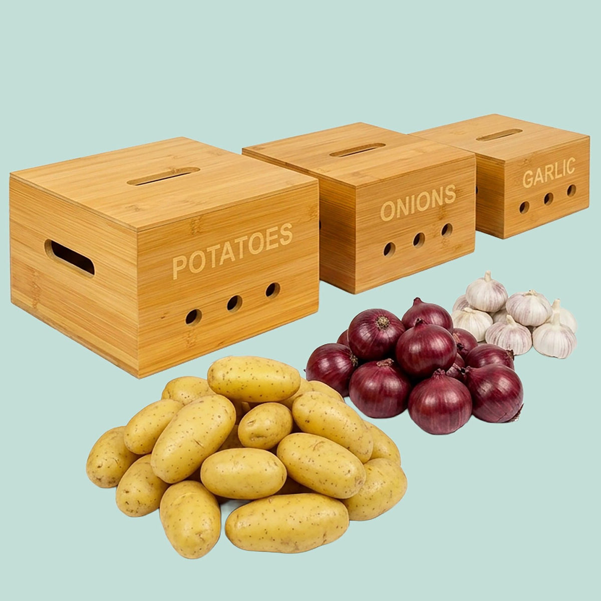 Bamboo Kitchen Storage Box Set – Potato, Onion, Garlic