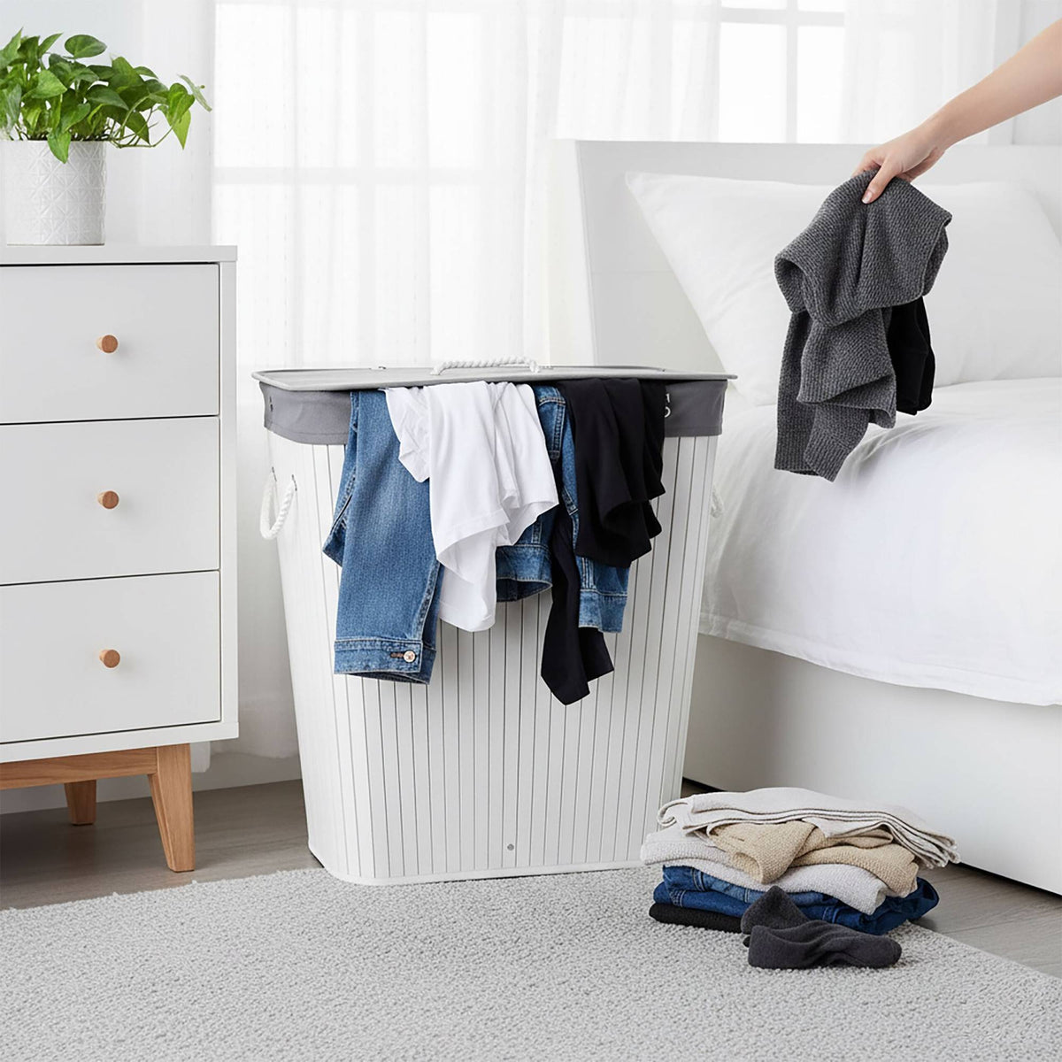 Bamboo Laundry Basket, 2 Sections, Dual Compartments