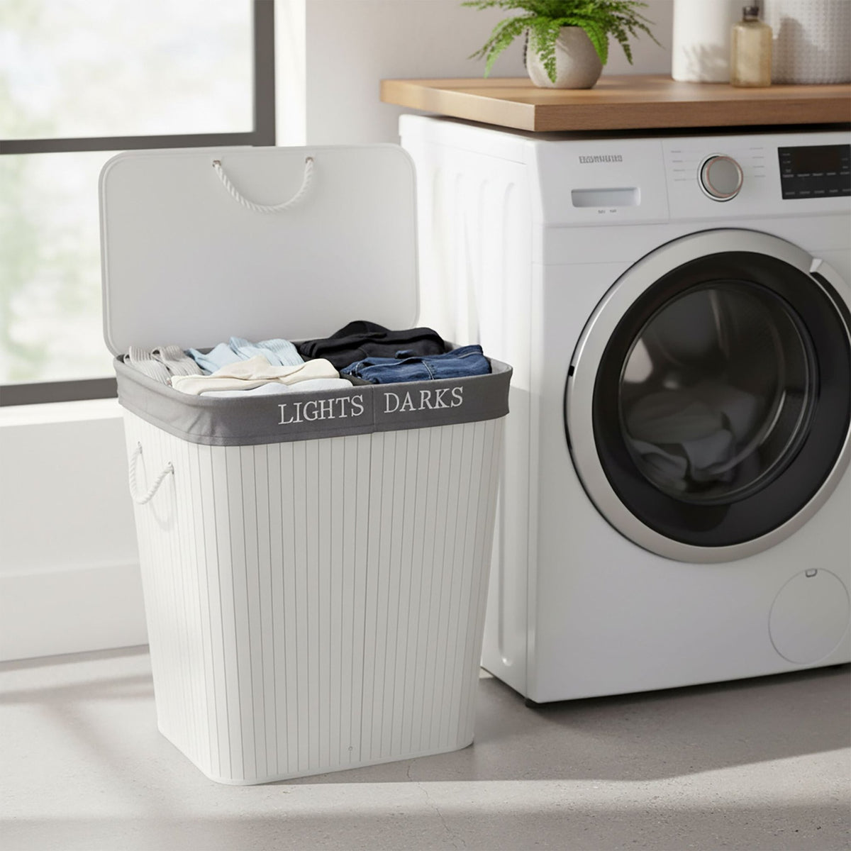Bamboo Laundry Basket, 2 Sections, Dual Compartments