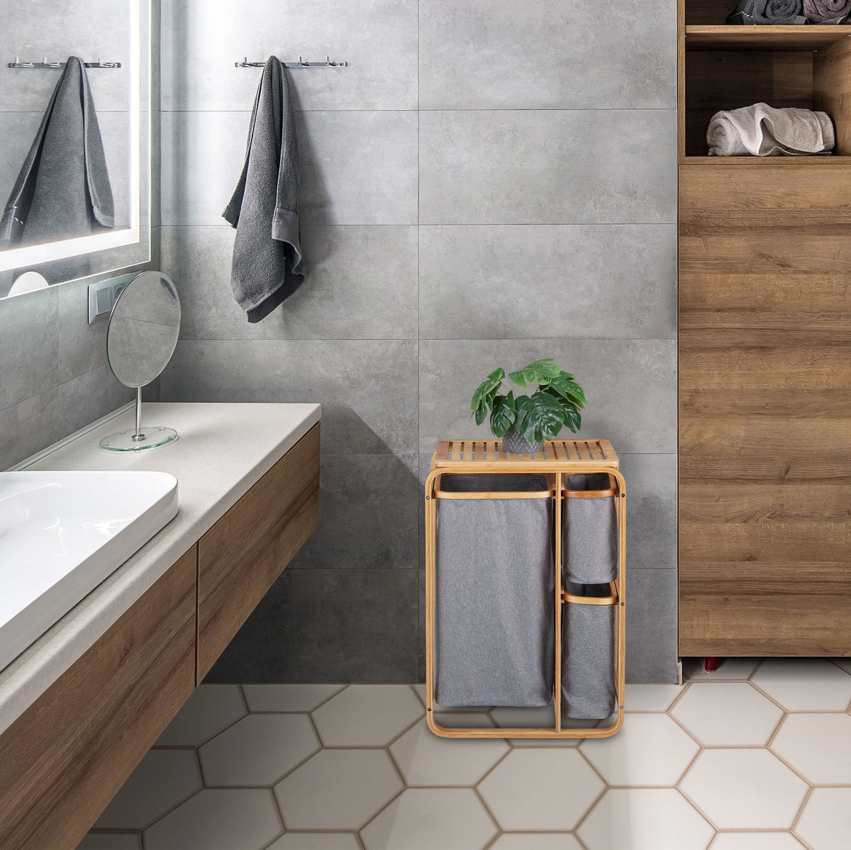 Bamboo Laundry Basket Shelf in Grey