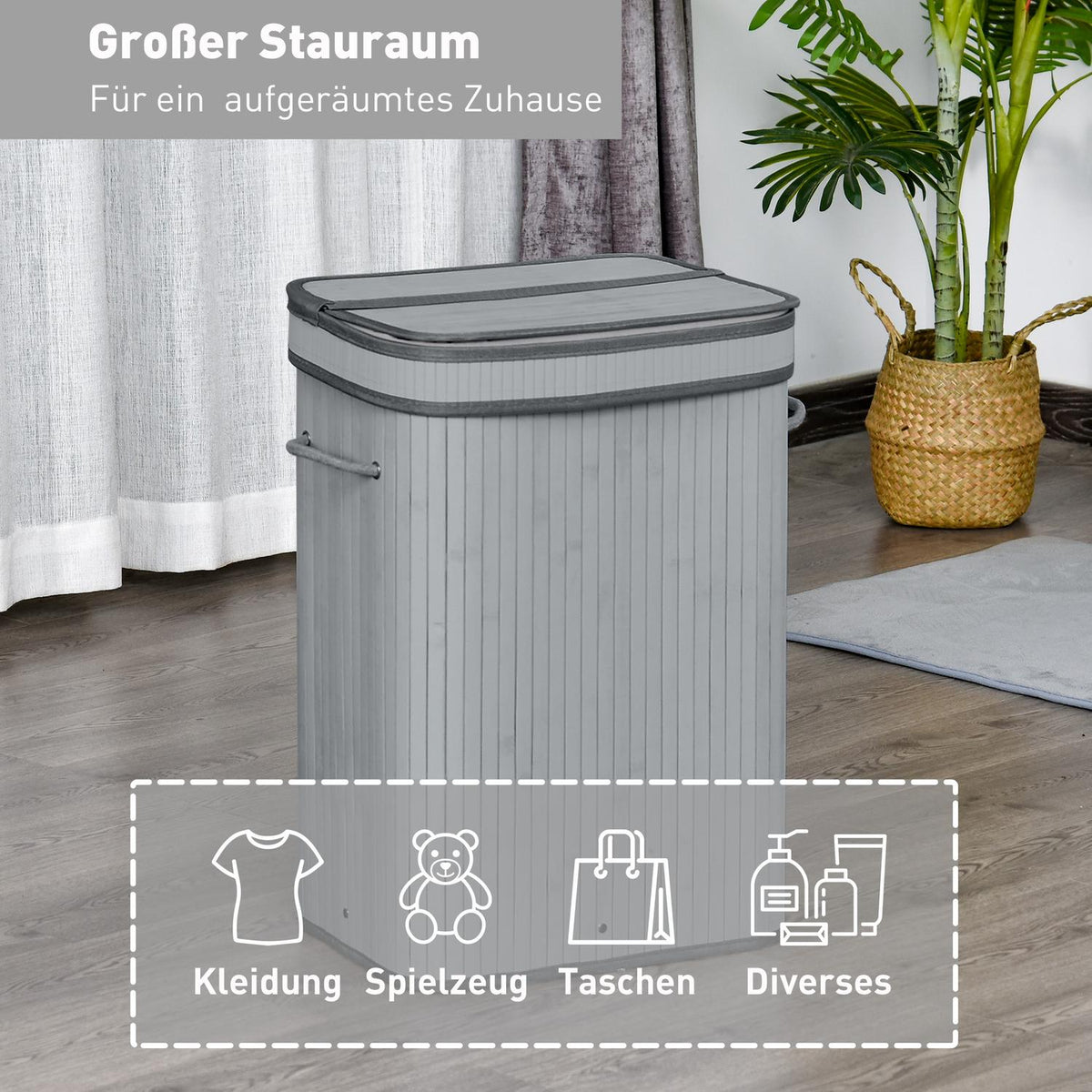 Bamboo Laundry Basket Slim with Lid 70 L Laundry Hamper with Handles, Removable Laundry Bag, Laundry Baskets for Laundry Room Bedroom Bathroom Gray